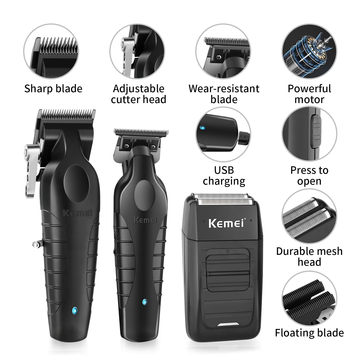 KEMEI Professionelle Haarschneidemaschine für Männer, Schnurlose Haarschneider Barttrimmer Folienrasierer Set, Zero Gapped T-Klinge Haartrimmer, Wiederaufladbare Elektrische Haarschneide-Kit