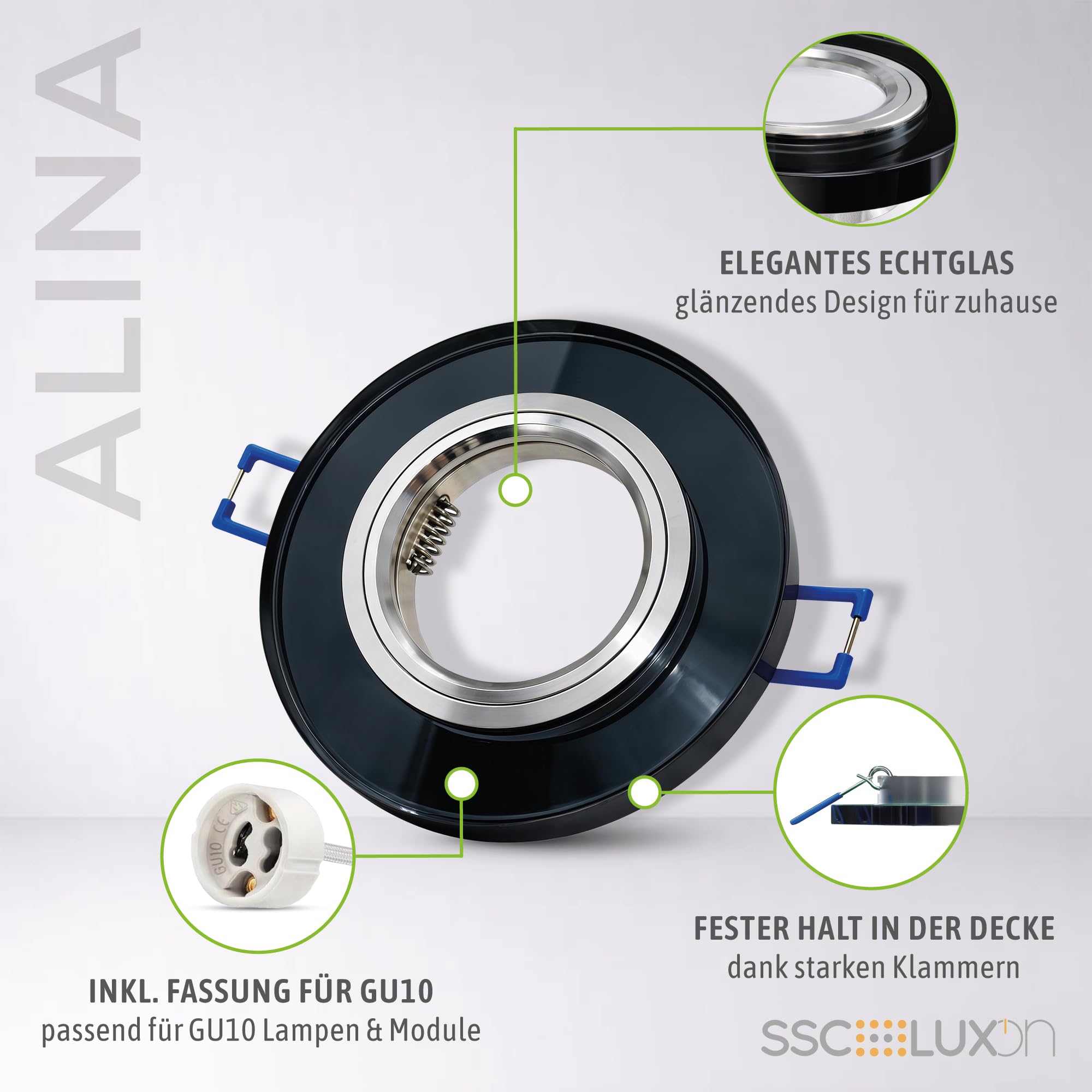 SSC-LUXon 6 faretti da incasso in vetro rotondo nero con attacco per GU10 / modulo – Design lampada da soffitto diametro foro 60 – 70 mm