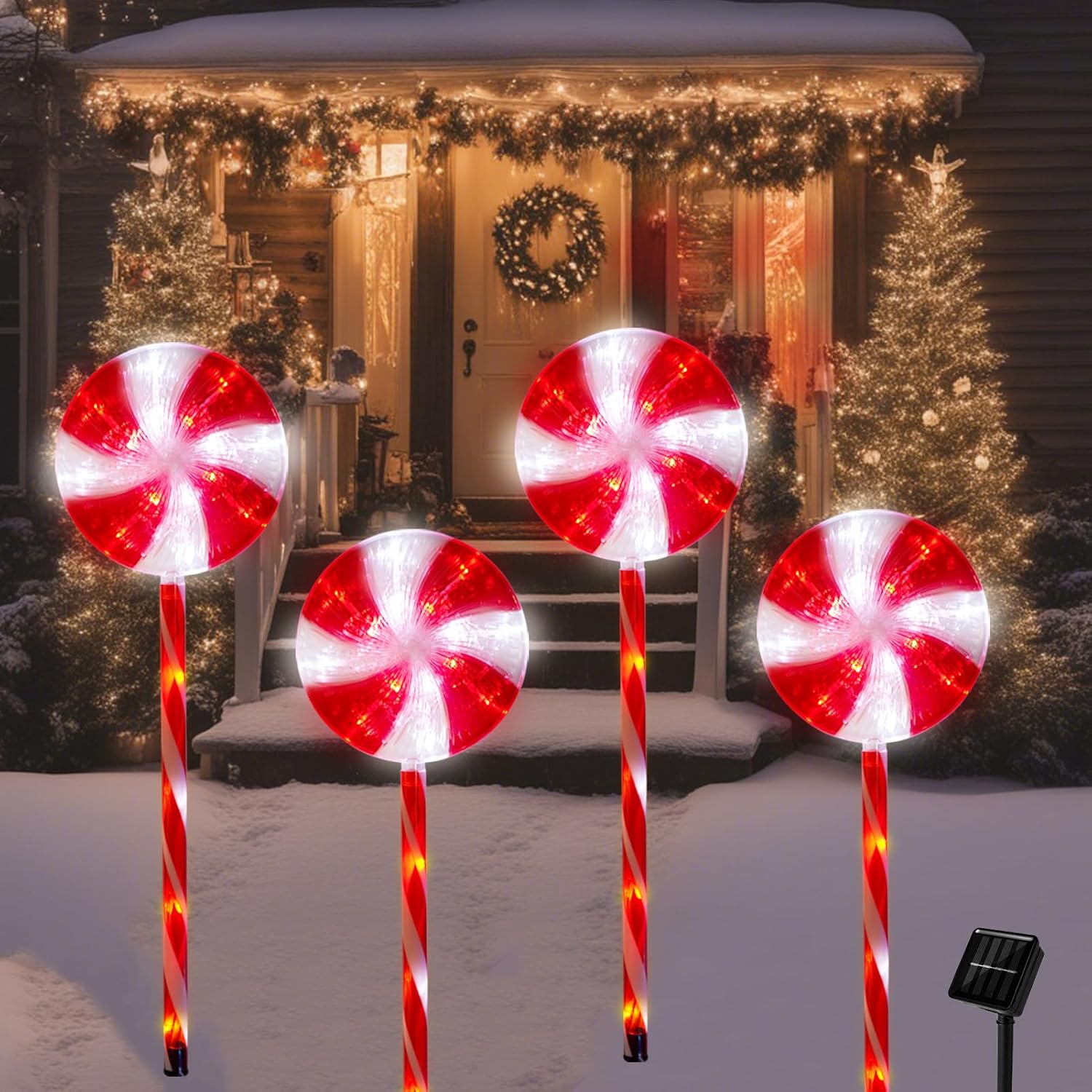 Christmas Solar Pathway Lights, 27" Set of 4 Lollipops Peppermint Stake Lights, 8 Modes Candy Cane Walkside Lights, Outdoor Xmas Decoration for Walkway,Yard(4PCS-Red)