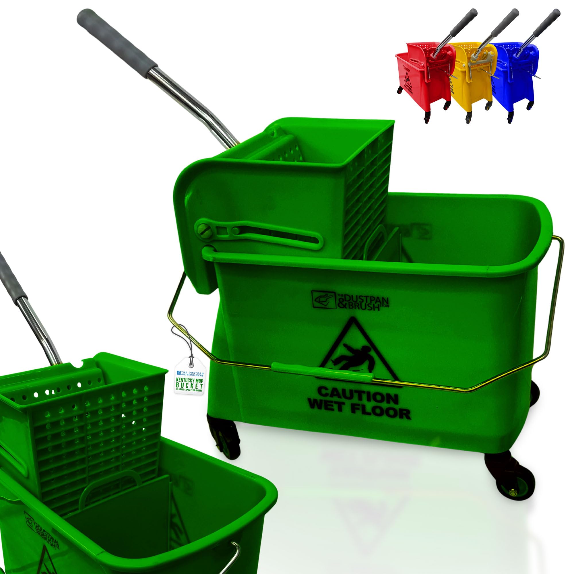Tdbs The Dustpan And Brush Store Green Kentucky Floor Mop Bucket On Wheels - Large Capacity Commercial Industrial Floor Mop Bucket With Wringer And Carry Handle - Ideal For Warehouse, Hotel, Office, School Use