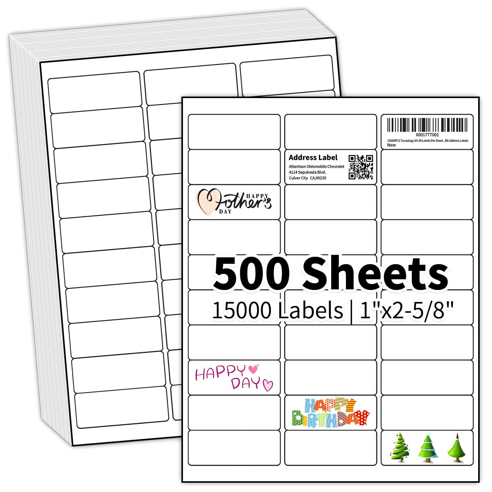 500 Sheets 15000 Labels 30-up 1" x 2-5/8" Shipping Address Labels, FBA Barcode Label for Laser & Inkjet Printers, 30 per Page Self Adhesive Return