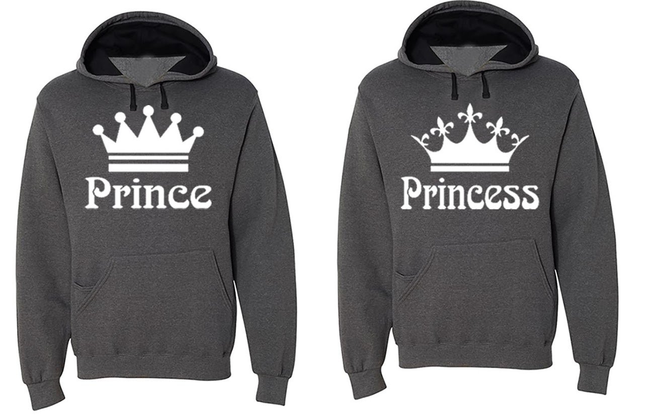Fasciino Matching His & Hers Couple Hooded Sofspun Sweatshirt Contrast Hood Set - Prince and Princess (White Print)