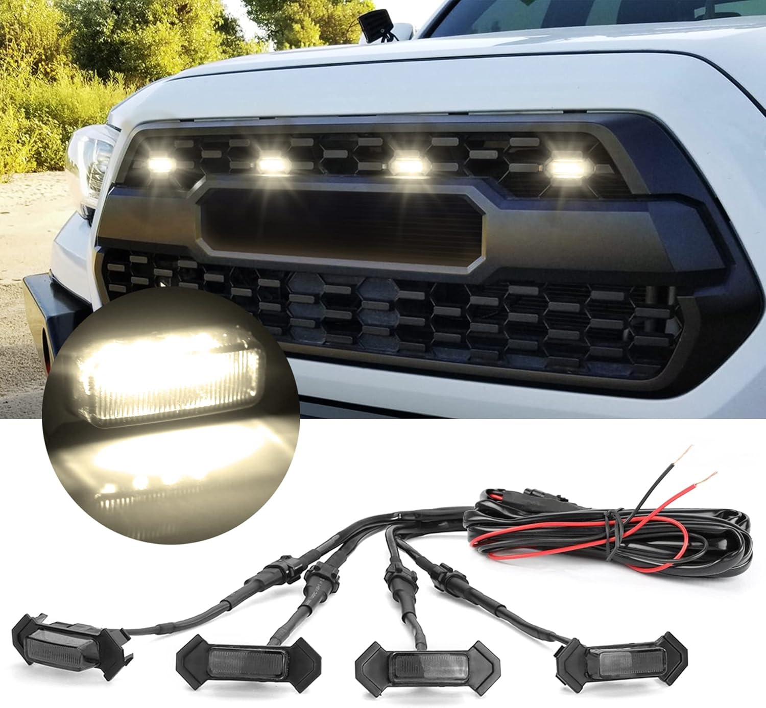 OXILAM LED Grille Lights 4 PCS with Fuse Adaptor for Tacoma TRD PRO 2016-2023 OEM Front Grille, Amber Shell with Amber Light, (Amber Yellow)