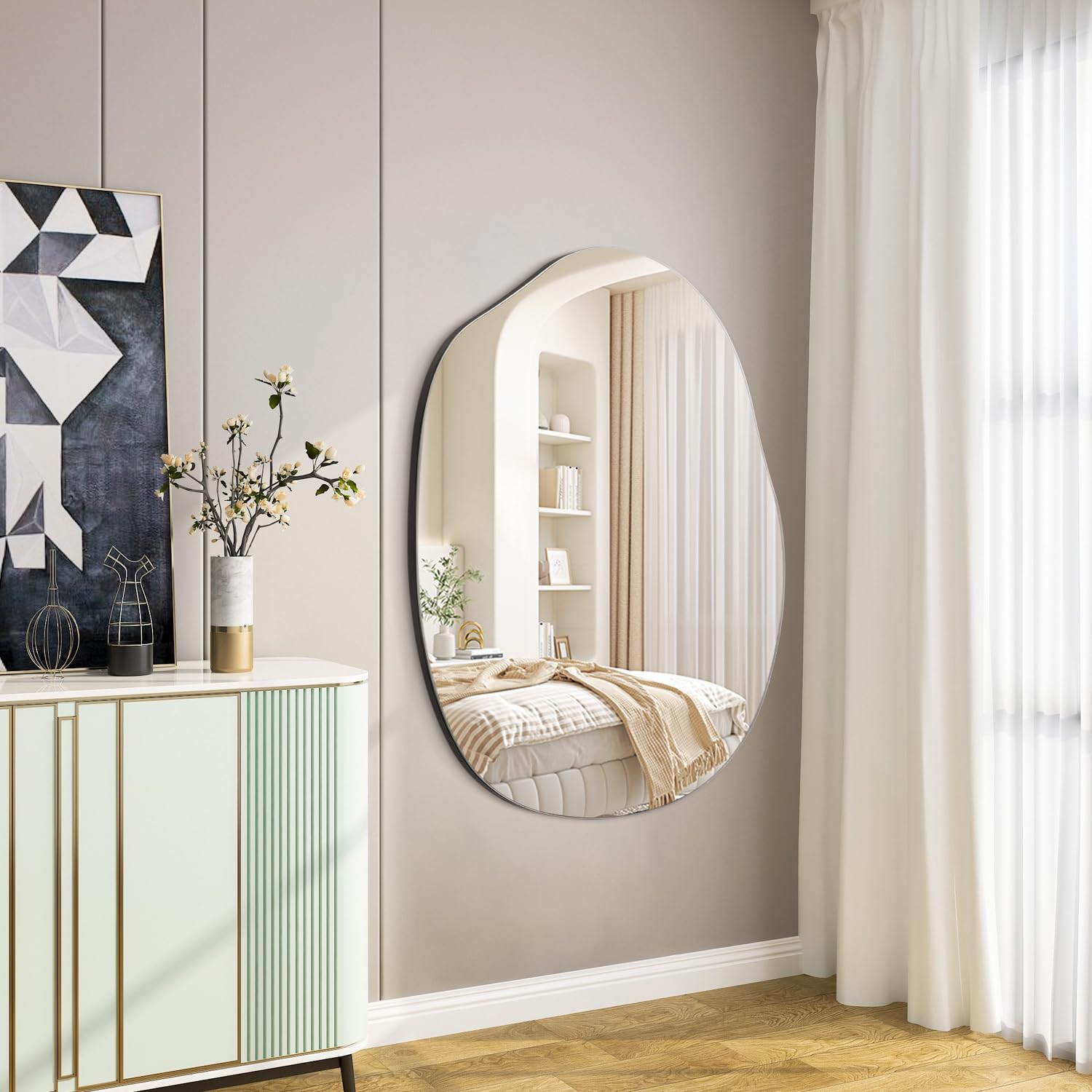 Espejo de pared irregular asimétrico moderno para baño, dormitorio, sala de estar, entrada, pasillo, montado en la pared, cristal decorativo, 75 x 55 cm