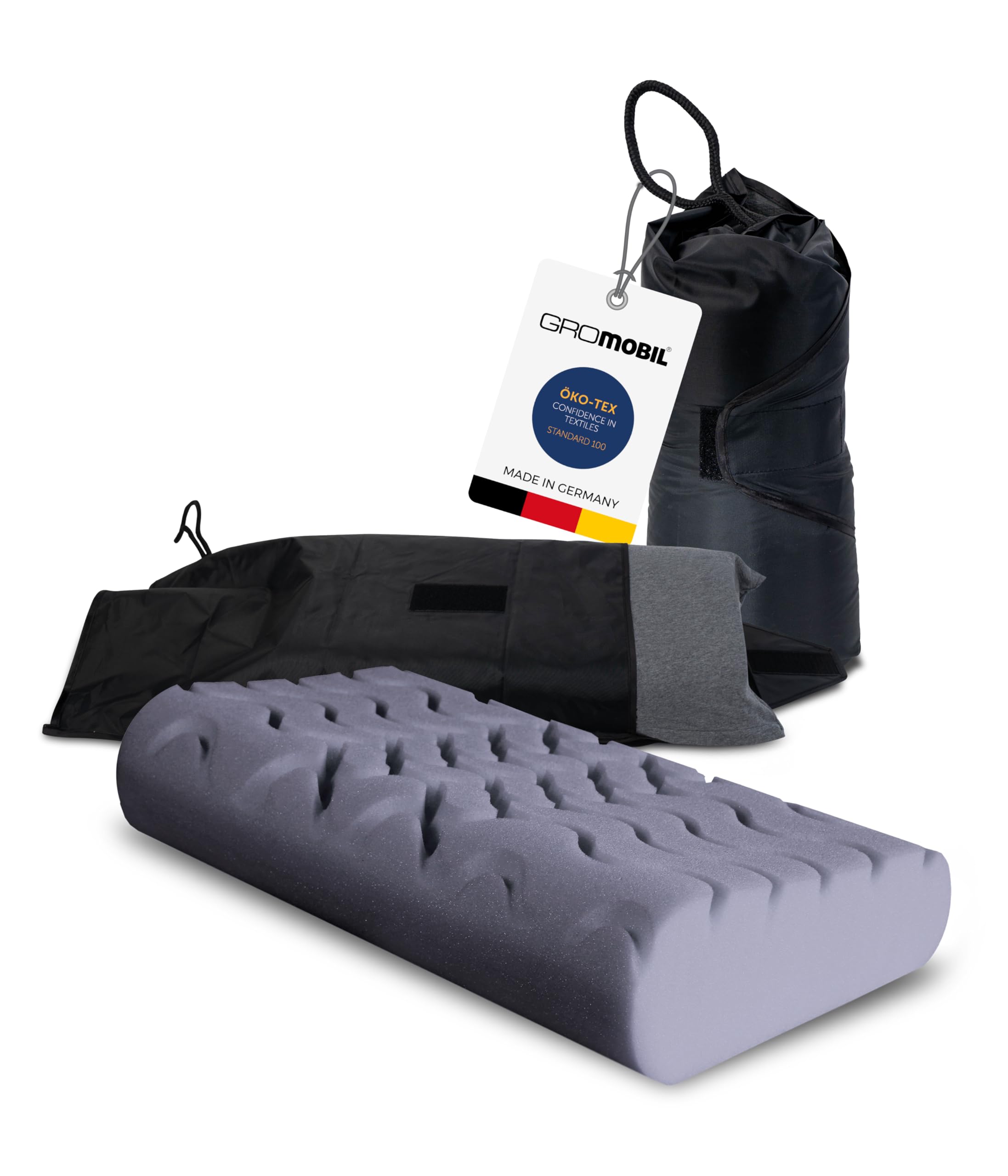 GROMOBIL® Reise-Nackenstützkissen TRAVEL – Orthopädisches Kissen aus Formpur® Hybridschaum – Ergonomisch & atmungsaktiv für Hotel, Pension, Ferienwohnung & Camping