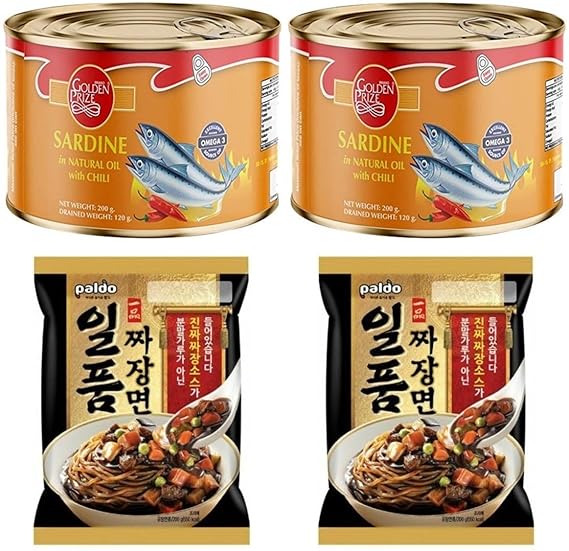 Golden Prize Sardine in Natural Oil with Chili 200 Gms (2 Units) and Paldo Ilpoom Jjang Noodles 200 Gms (2 Units), Combo Pack, Pack of 4