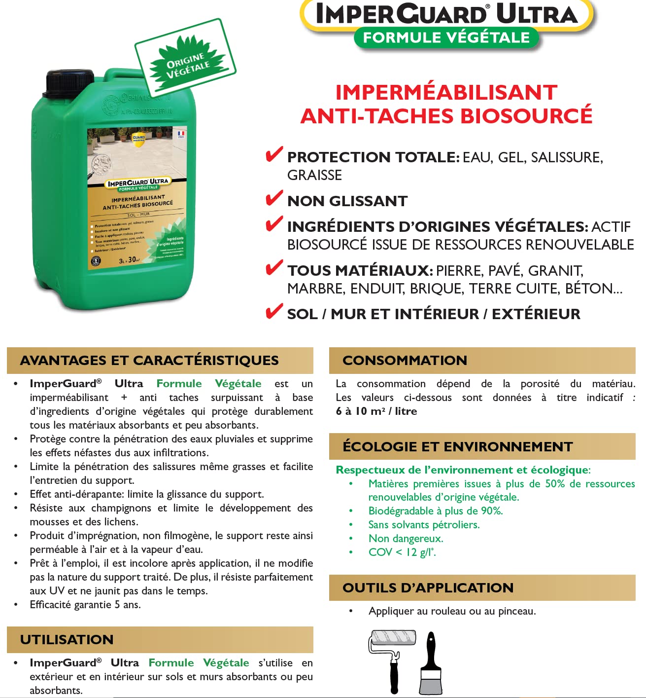ImperGuard Ultra Fórmula Vegetal - Impermeabilizante Súper Antimanchas Biobase Incoloro, Hidrofugante - Todas Las Piedras - Hormigón, Travertino, Ladrillo, Granito, Mármol... - Antideslizante -5-50m2