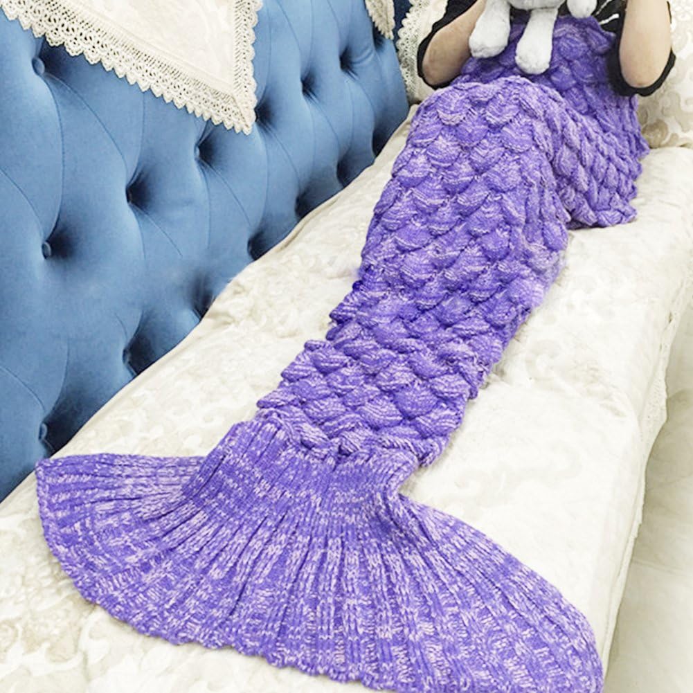 Mermaid Tail Blanket Premium Gift Throws, Crochet Knitted Sleeping Bag Sofa Bedding Cozy Blankets for Girls Adults Kids All Season (purple 1)