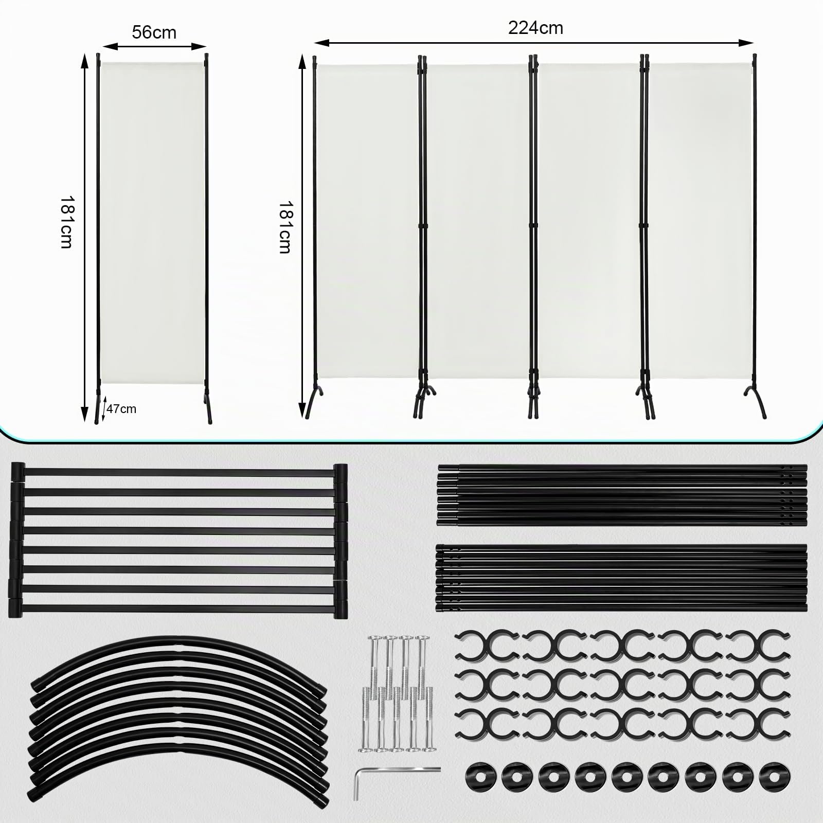 WOLTU Paravento 4 Pannelli 224x182 cm Crema, Divisorio per Camera da Letto, Parete Divisoria Pieghevole, Paravento per Interni ed Esterni, Ideale per Soggiorno, Balcone e Giardino
