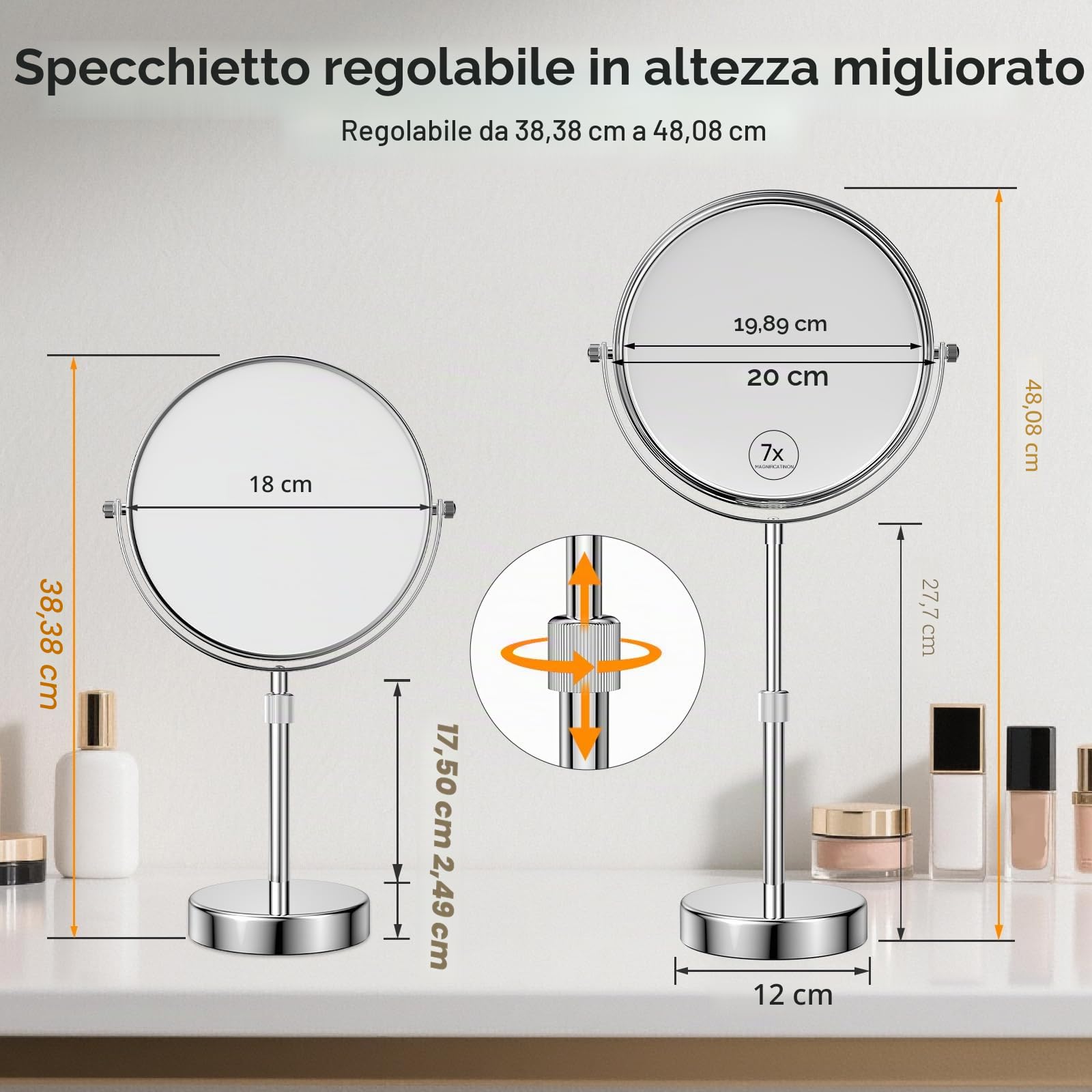 Nicesail Specchio da trucco da tavolo, 20,3 cm, double-face, con ingrandimento 7x, specchio ingranditore con piedistallo per specchio da barba, regolabile in altezza per tavolo da trucco Vainity