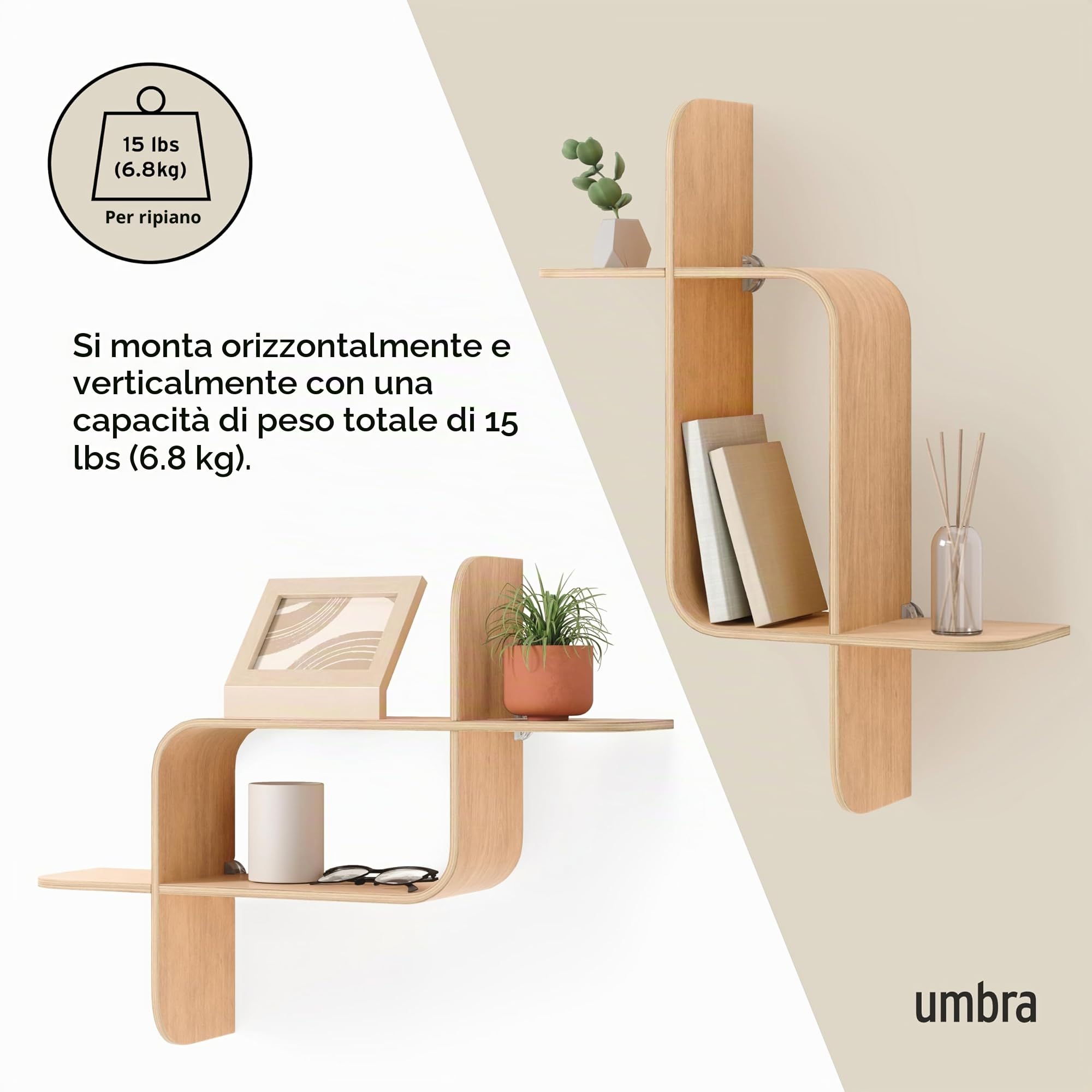 Umbra Mensola da parete sospesa, legno rinnovabile, Naturale