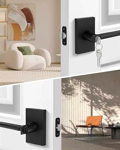Miniatura 5 de goldenwarm Manija de puerta negra con cerradura y llave, manija cuadrada de puerta exterior negra mate, cerradura de puerta de entrada con llave de