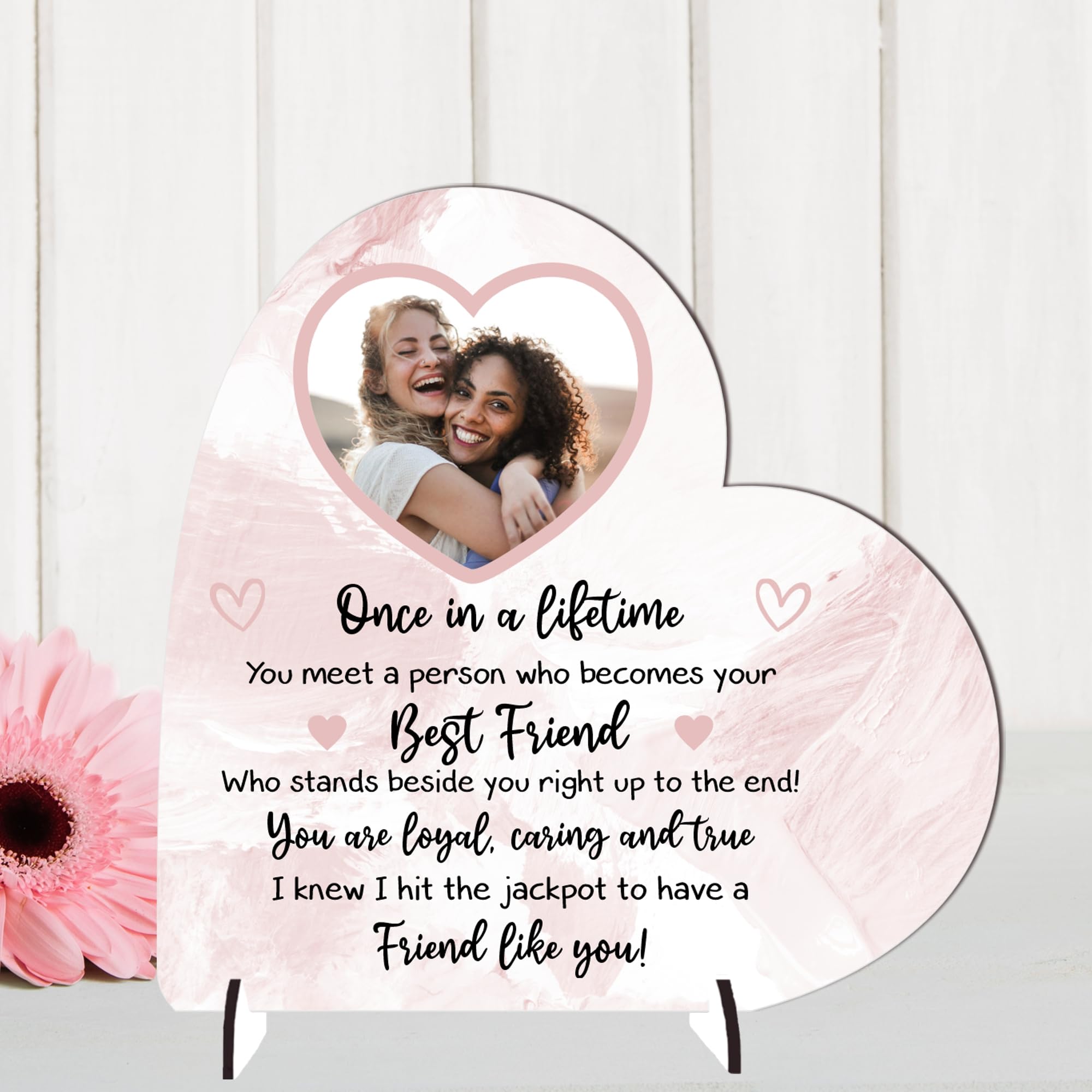 Loving Unique Personalised Best Friend Freestanding Photo Plaque - Friendship Plaque for Besties, For Birthdays or Thank You Gifts (Pink, MDF Wood - Large - 190mm x 185mm)
