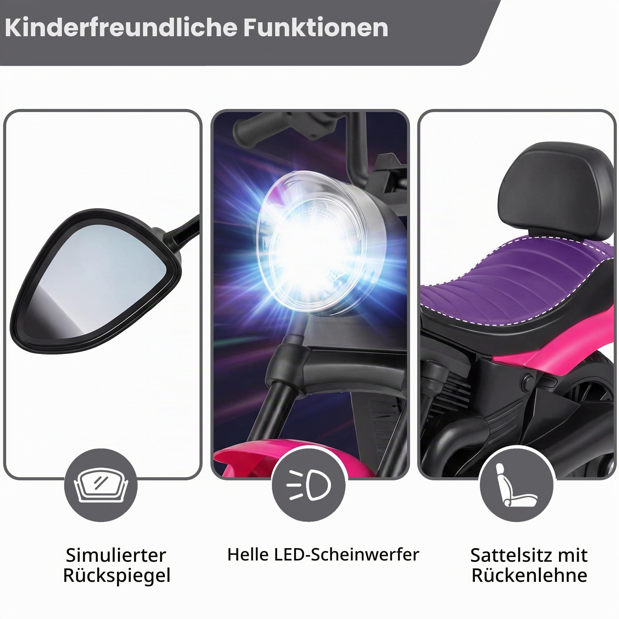 KOMFOTTEU 6V Kindermotorrad, Elektromotorrad mit Musik & LED-Scheinwerfer, 2,4 km/h, Elektro Motorrad mit 2 Stützrädern, bis zu 30 kg belastbar, für Kinder ab 3 Jahren (Rosa)