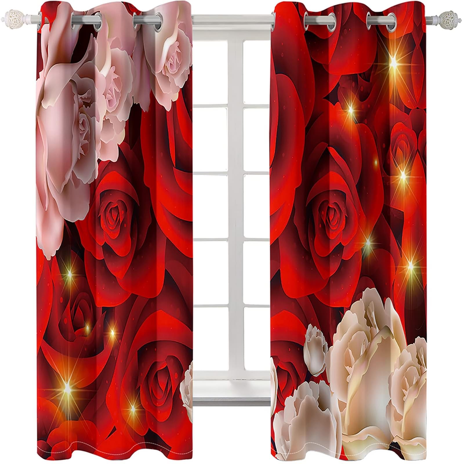 Blickdichte Vorhänge, Rosenblüten Verdunkelung 2 Paneele für Fenster Wohnzimmer/Küche, Rot Rosa, 137x214cm