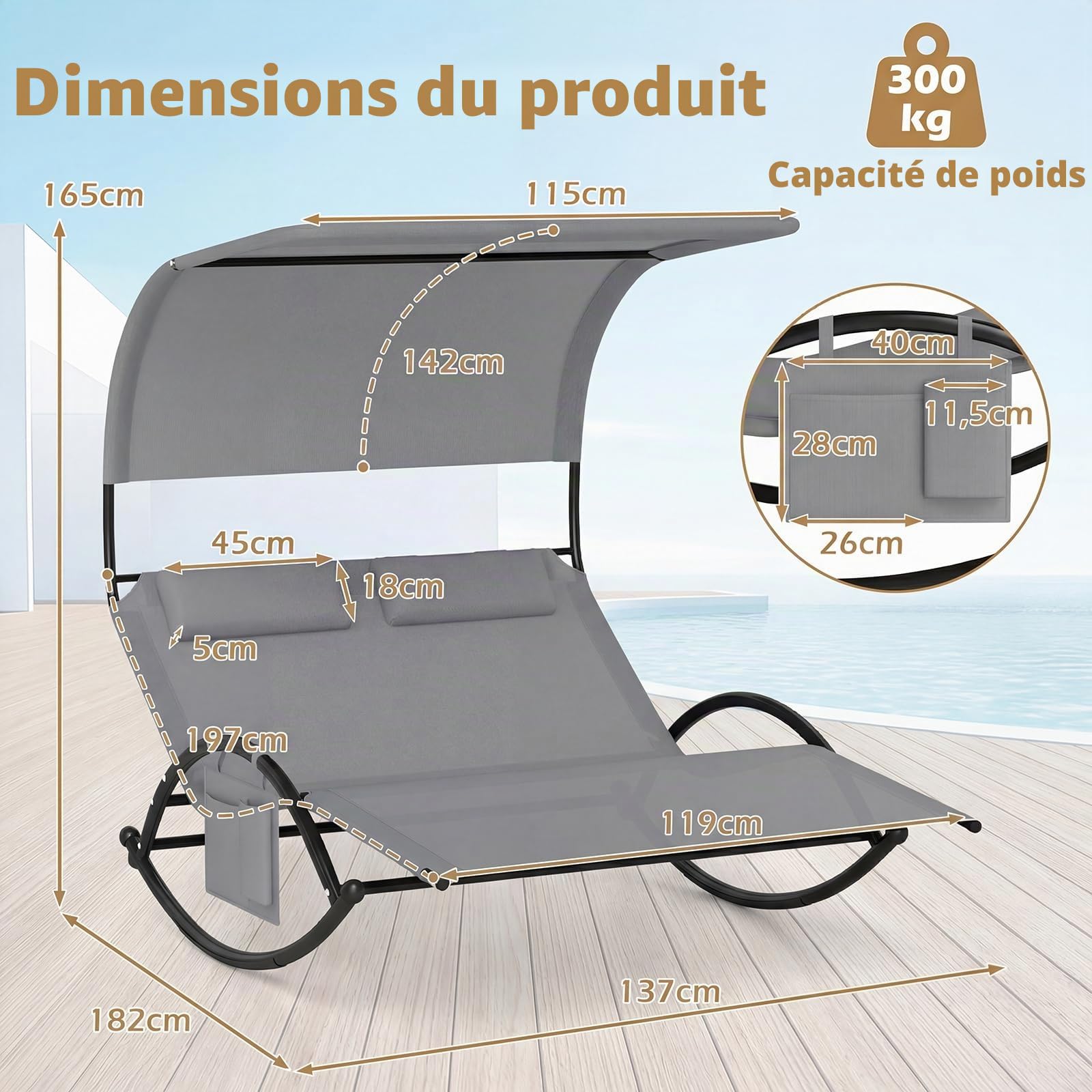 GIANTEX Chaise Longue de Jardin à Bascule pour 2 Personne, Poche Latérale, Transat Double à Bascule, Charge 300 kg, Auvent Pare-Soleil, 2 Oreillers Amovibles, Cadre en Métal, pour Jardin, Balcon, Gris