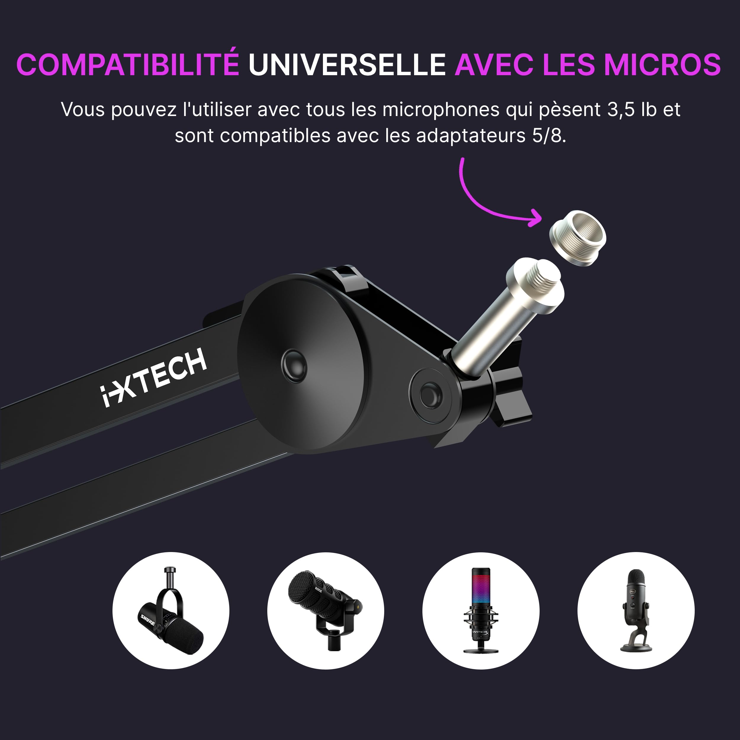IXTECH Microphone Boom Arm stand, Support pour micro ajustable avec attaches, montant de bureau pour streaming, podcast et jeu (MÉDIAUX)