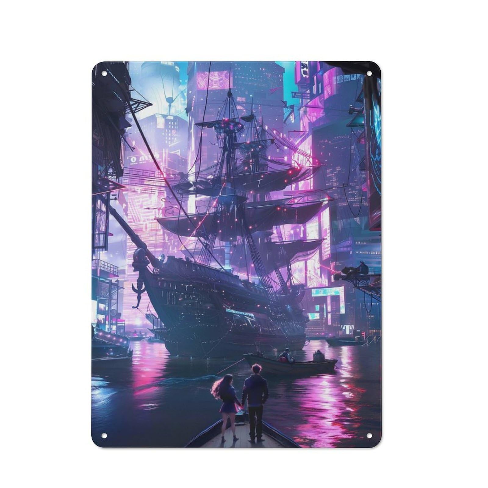Neon Armada City Decorative Metal Plaque, Bright Printed Design, for Washroom, Small Wall Space Or Hallway, 40x30cm