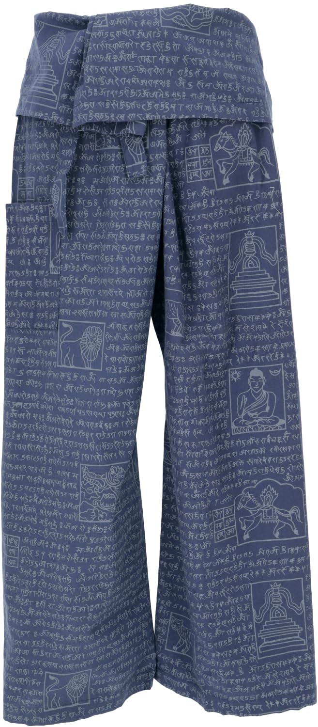 GURU SHOP Pantalon de pêche thaïlandais avec imprimé mantra en coton tissé, pantalon enveloppant, pantalon de yoga, homme/femme, vert, taille : taille unique
