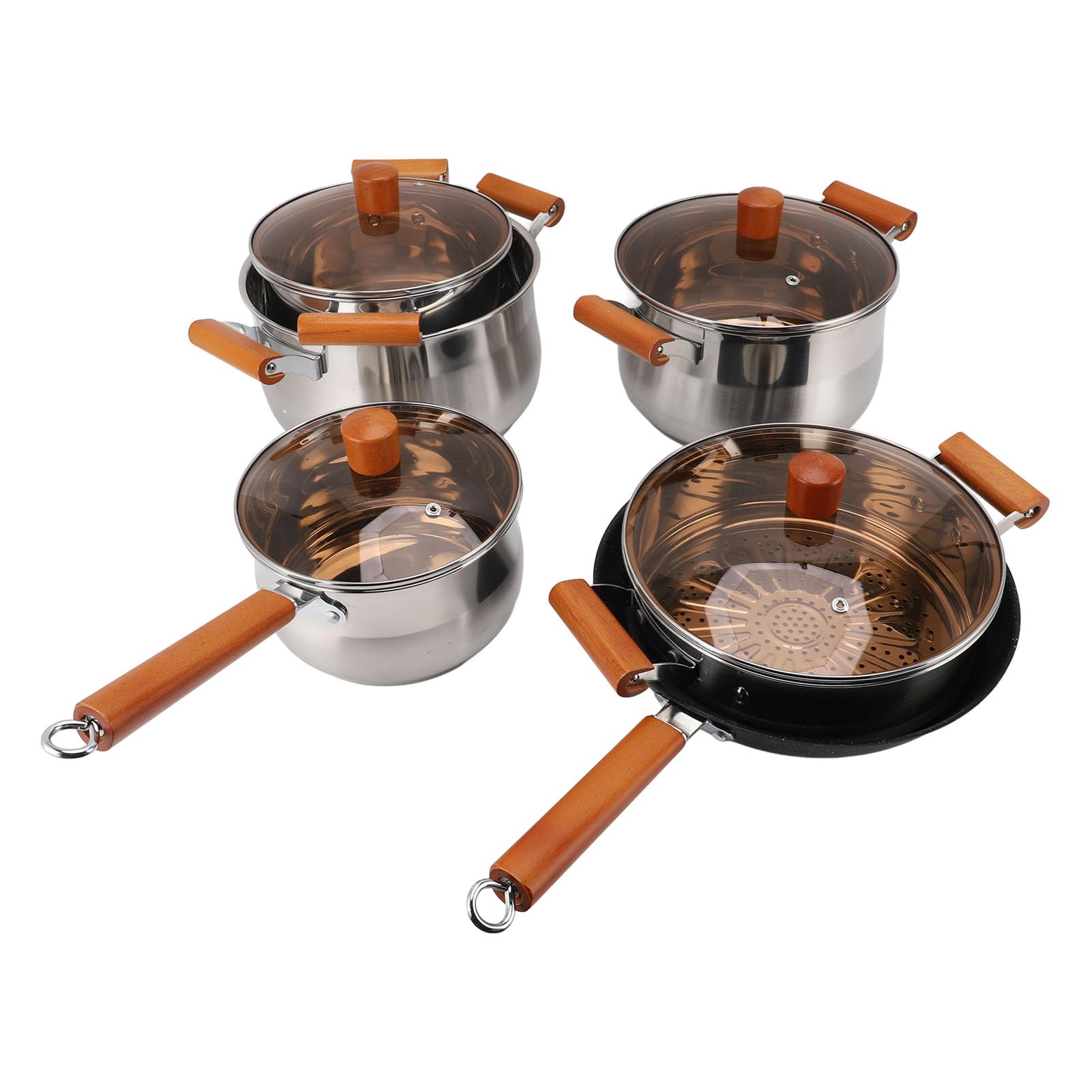 Juego de utensilios de cocina profesionales de acero inoxidable con mangos de madera, ollas y sartenes de cocina de 5 piezas para cocinar sopa hirviendo al vapor, utensilio