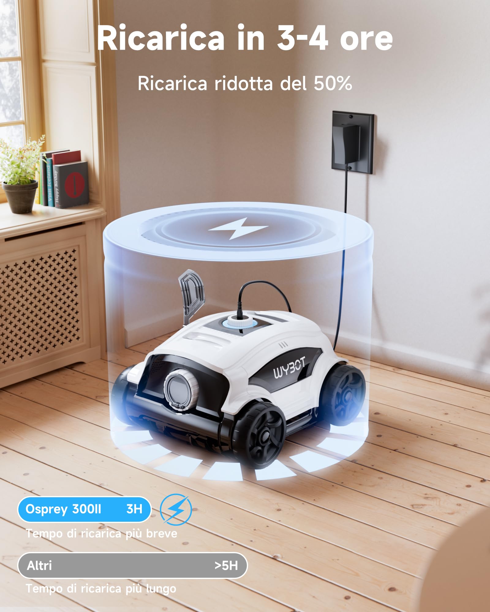 WYBOT Osprey 300II Robot Piscina Fili a Batteria, Parcheggio Automatico, Aspiratore Piscina Senza Per Piscine Fuori Terra Fino A 100 m², Doppi Motori, Ugello Regolabile, 120 Min (Bianco Nero)