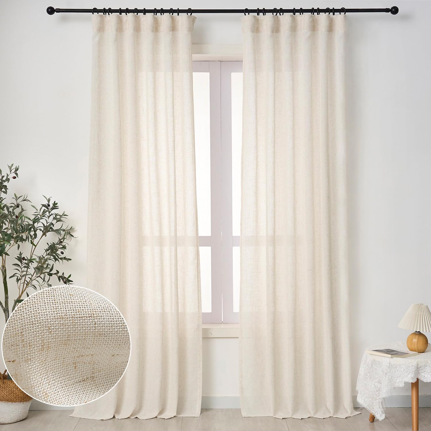 90 Inch Curtains Faux Linen Curtains Neutral Sheer Curtains Custom Long Light Filtering Drapes 2 Panel Textured Pleat Curtains for Track System Cream Beige | Hooked & Back Tab & Pocket