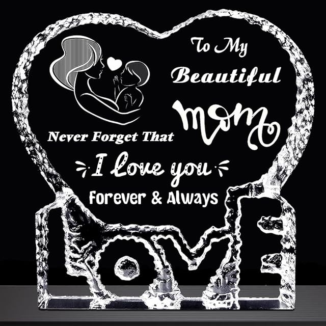 WEINUO Mum Gift To My Beautiful Mom Heart Shape Crystal Romantic Mothers Day Present with Laser Engraved Words for Mom from Daughter Son Valentines Christmas Birthday