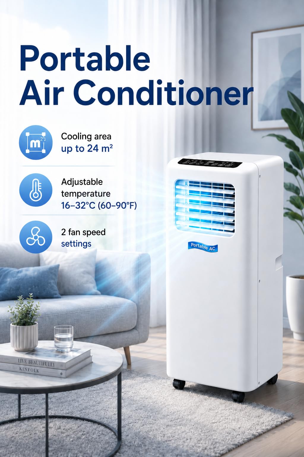 Condizionatore d'Aria Portatile 5000/7000 BTU (7000BTU) | Ventilatore silenzioso e deumidificatore con display digitale, timer 24 ore, copertura fino a 20 m²