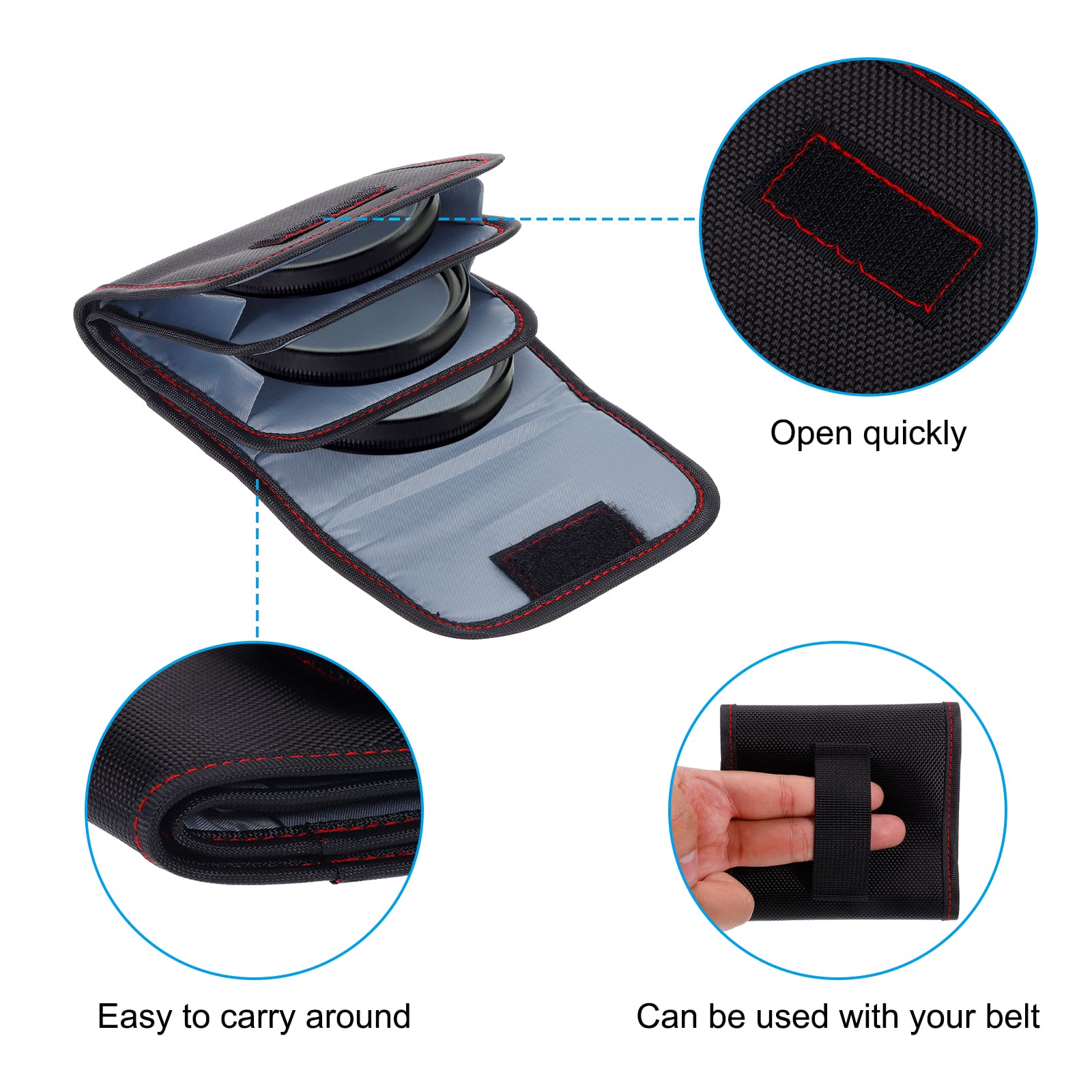PATIKIL 2 Pcs Lens Filter Case, 3-Pocket Portable Photography Camera Bag Strap Pocket Drone for 25mm-82mm, Black/Red - Image 4