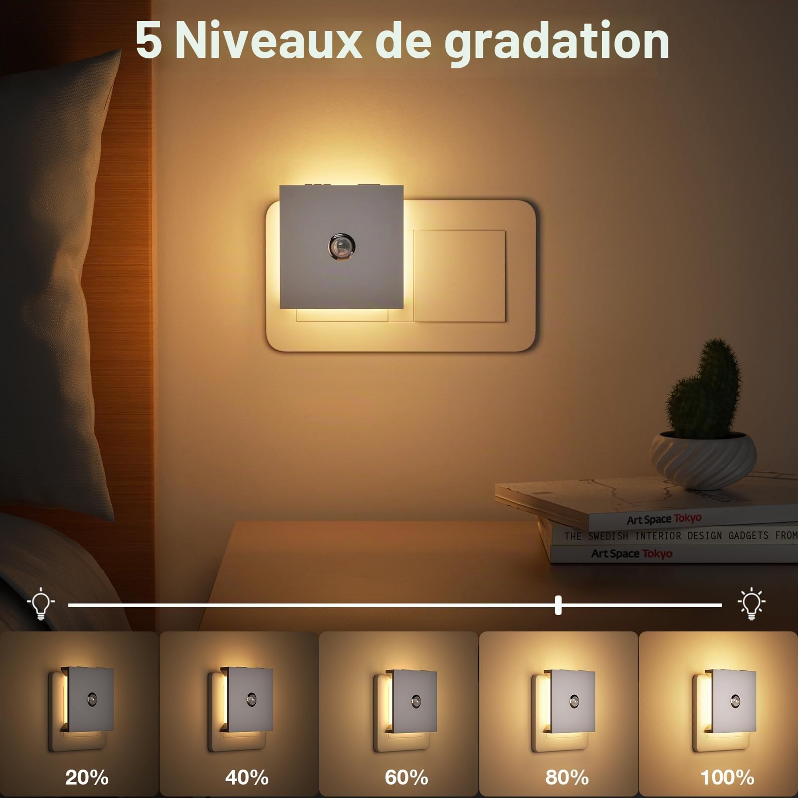 Veilleuse Prise Électrique avec Détecteur de Mouvement,Veilleuse Prise 3 Modes: Détection/Permanent/Éteint. Minuterie et Intensité Réglable