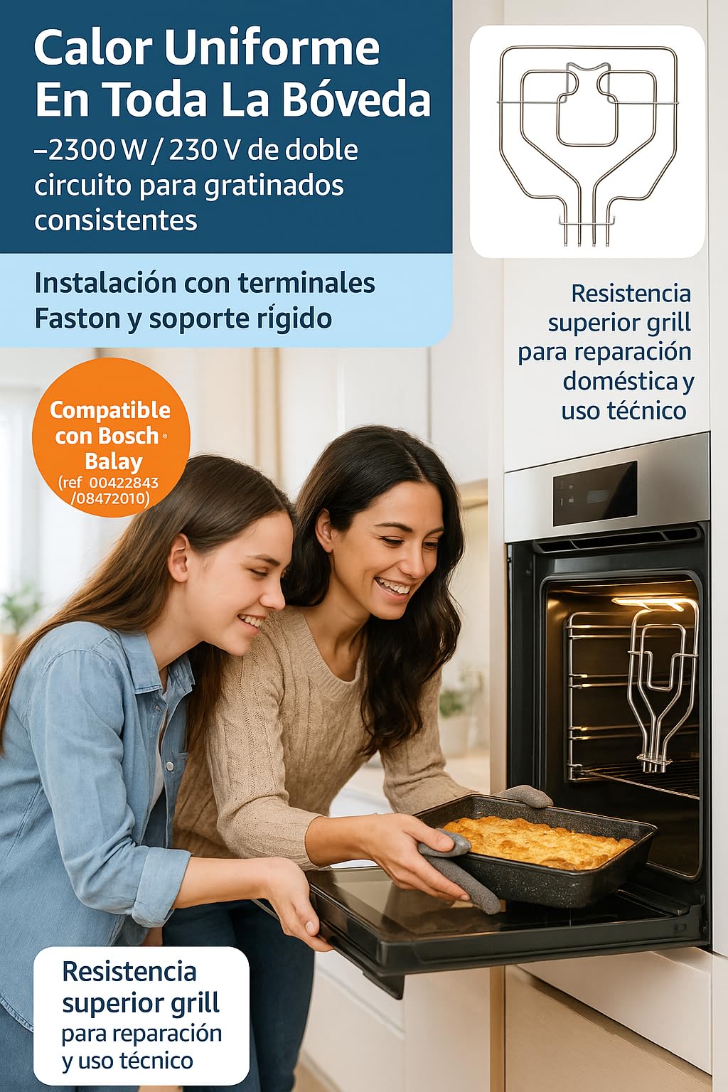 RECAMBIOS DREYMA Resistencia Horno Grill Superior 2300W 230V Doble Circuito Montaje Faston 380 x 345 mm Compatible con Bosch Balay Constructa Superser Elemento Calefactor Premium Pro