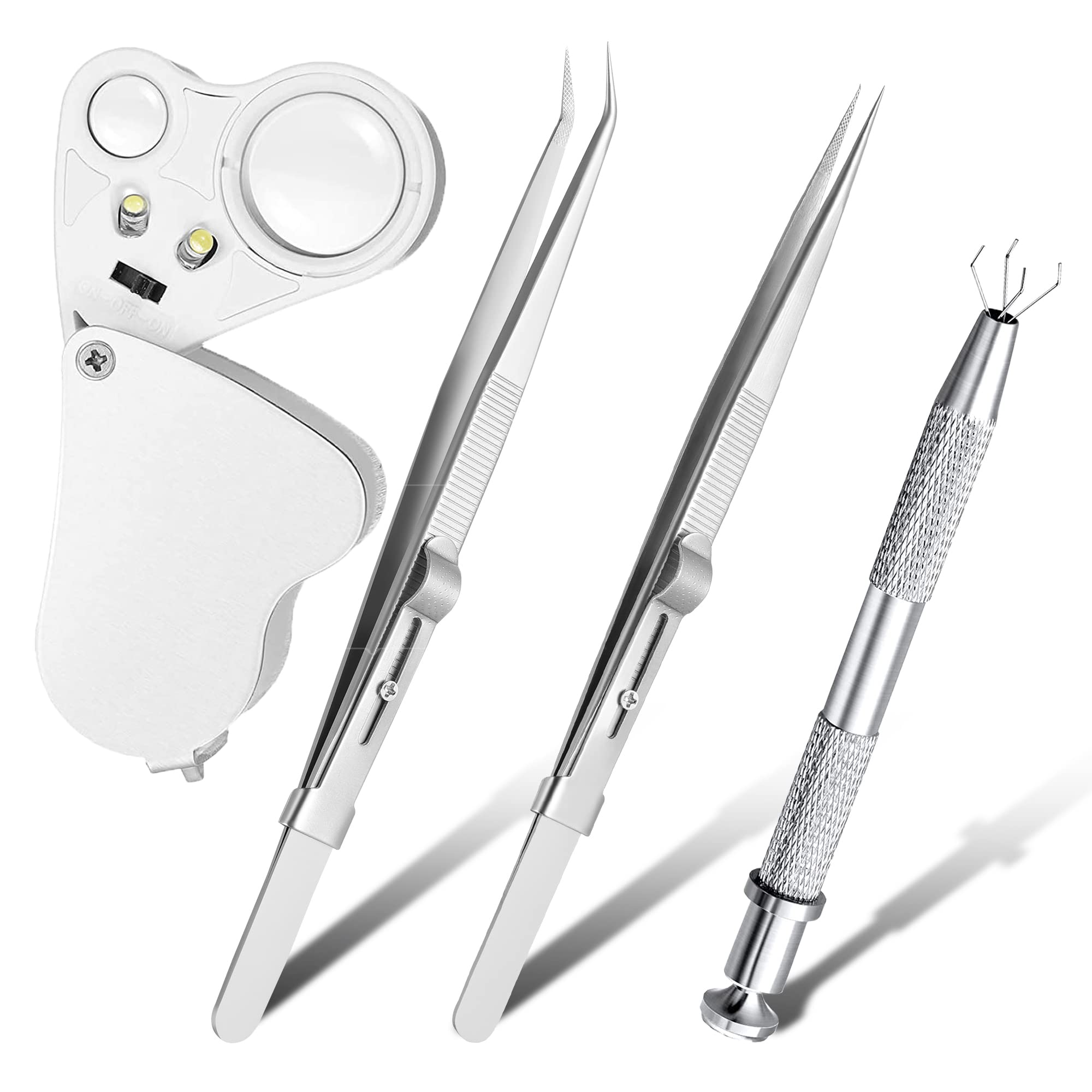 4 Pack Diamond Jewelers Tweezers Holder Pick up Tool Claw Gems Tweezer Grabber Jewelry Locking Tweezers with 30X 60X Jewelers Loupe Magnifier