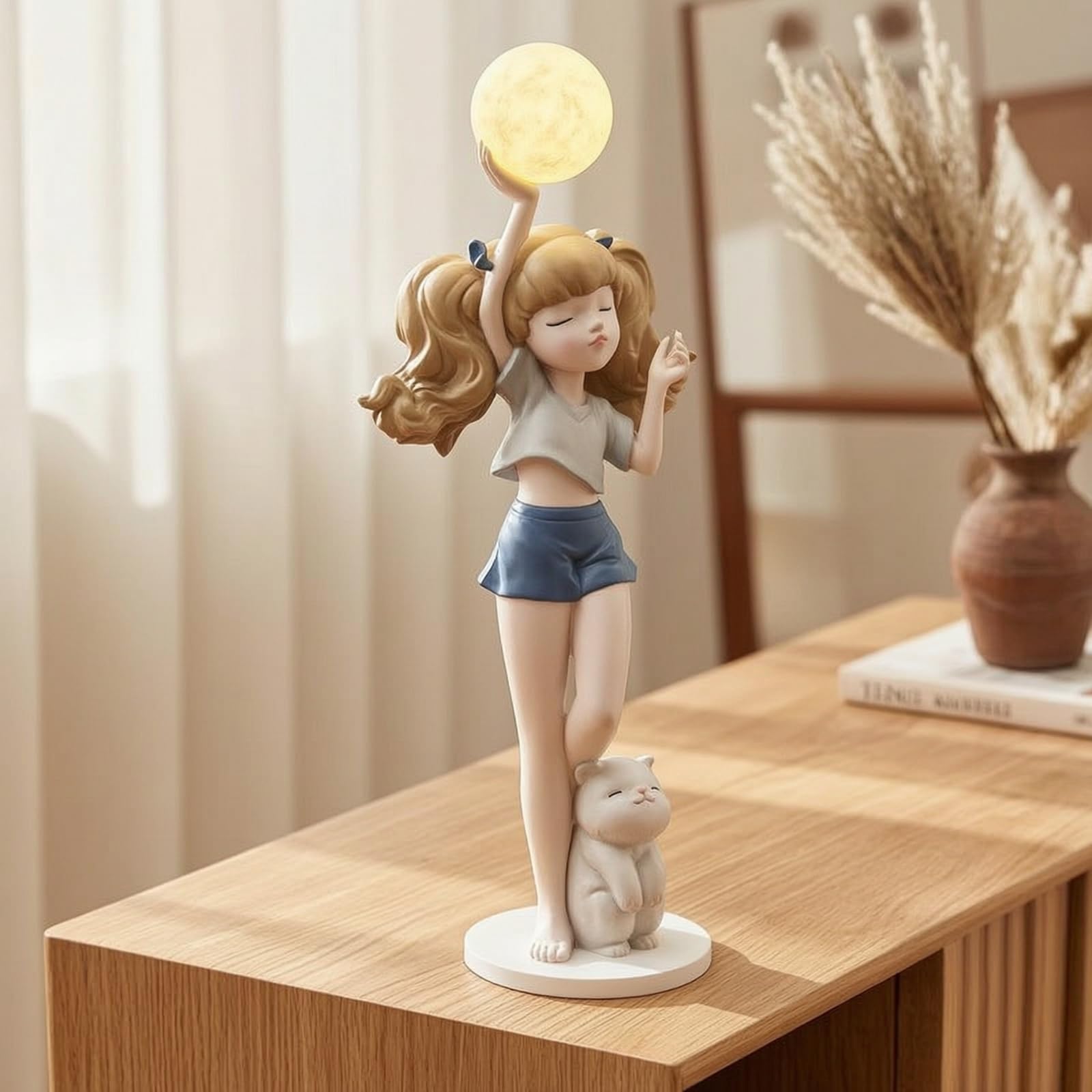 TISHITA Lámpara Figura de Chica Escultura Estatua Luz de Mesa con Toque Artístico y Brillo Ambiental Suave Material Resistente de Fibra de Vidrio con Gato en, Azul, 62cm 27cm