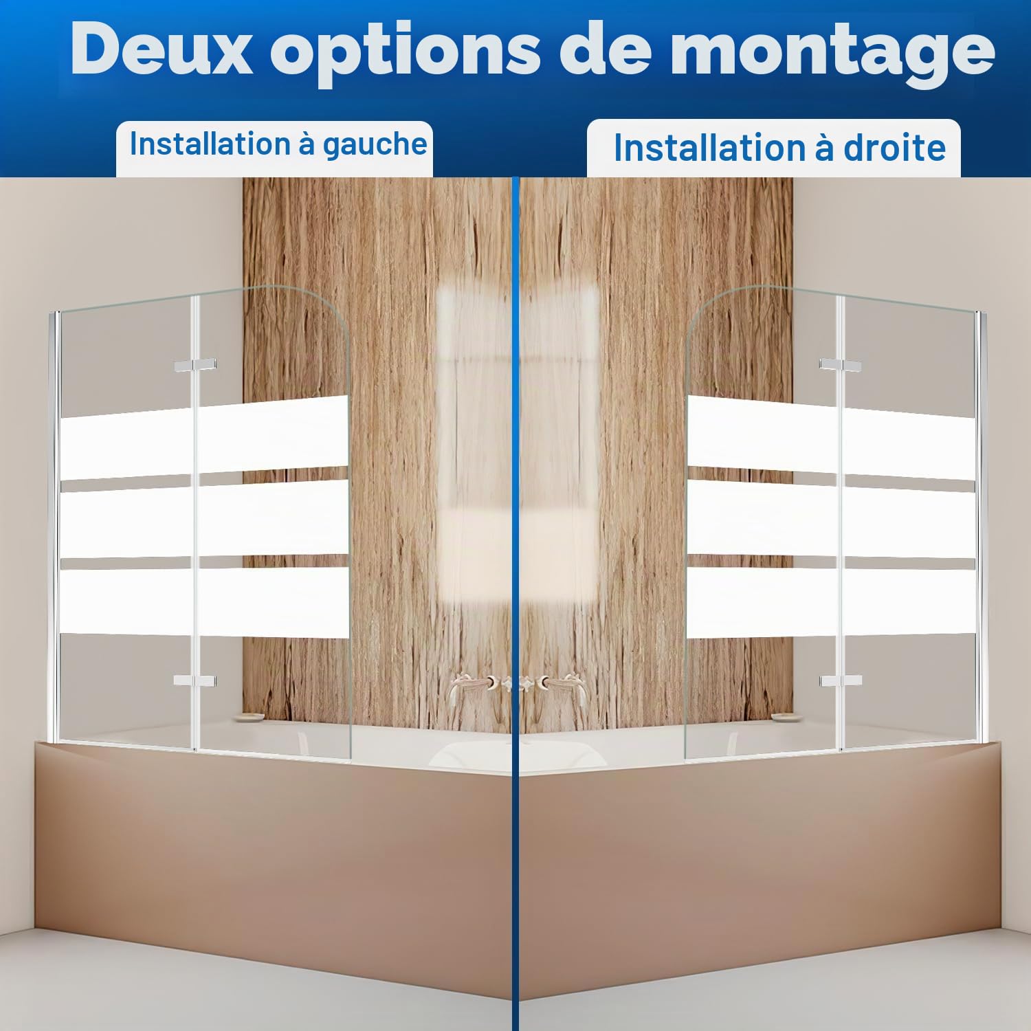 Paroi de douche pliable en 3 parties - Paroi de douche pour baignoire - 100 x 140 cm - Verre de sécurité ESG de 6 mm avec nano-revêtement - Rotation à 180° - Orné d'un motif à rayures