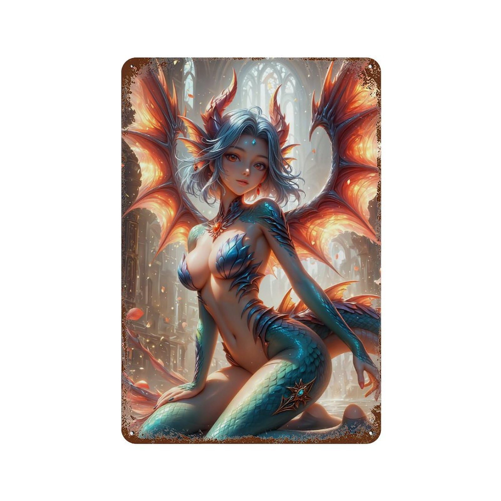 Fantasy Dragon Girl Aged Metal Wall Plaque 11.8"x7.9", for Pub, Kitchen And Man Cave Decor, Decorative Metal Wall Art