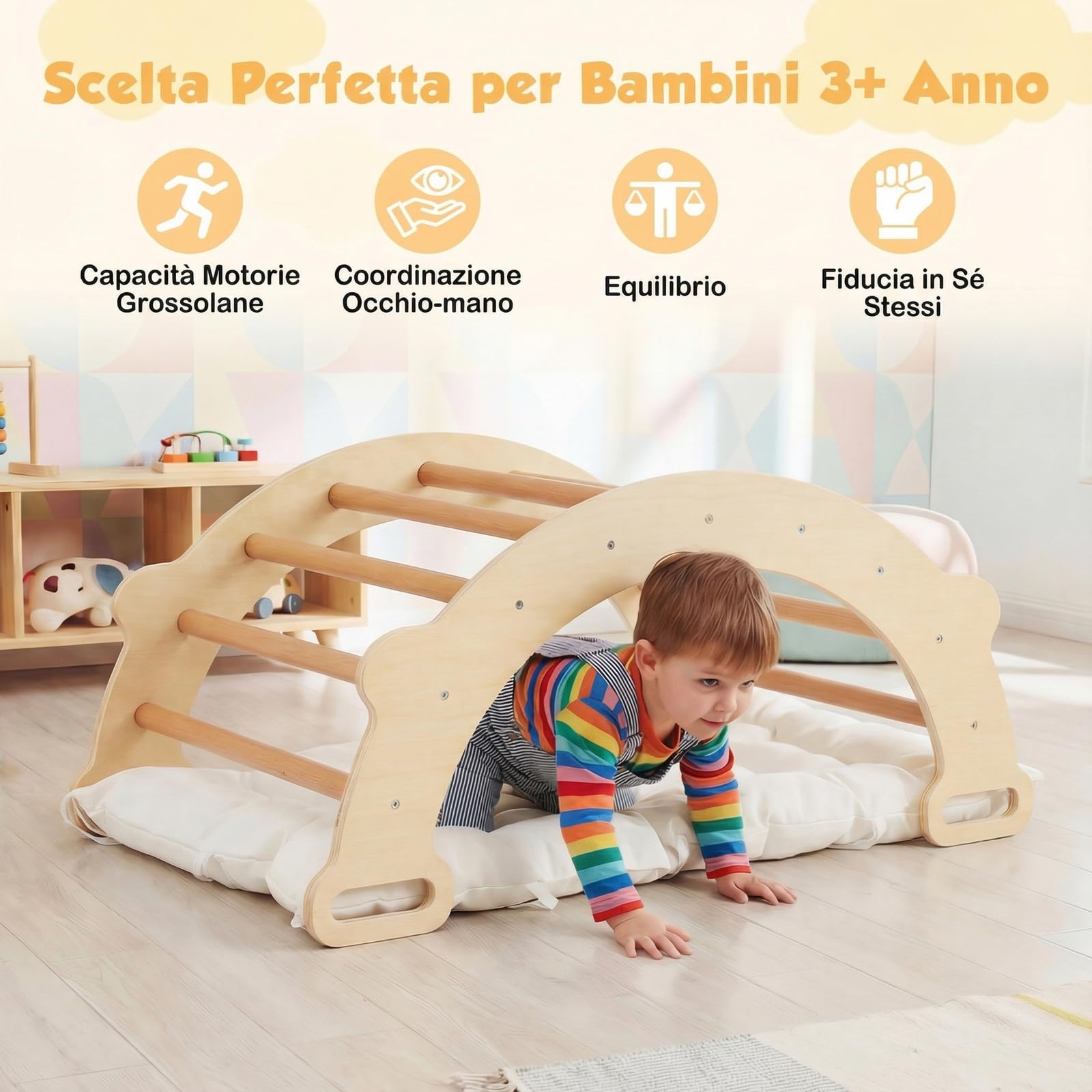 RELAX4LIFE 3 in 1 Arco da Arrampicata per Bambini con Cuscino Morbido, Triangolo da Arrampicata in Legno, Tunnel per Gattonare, Altalena da Interno per Bambini 1+ Anno, 81 x 50,5 x 38 cm (Naturale)