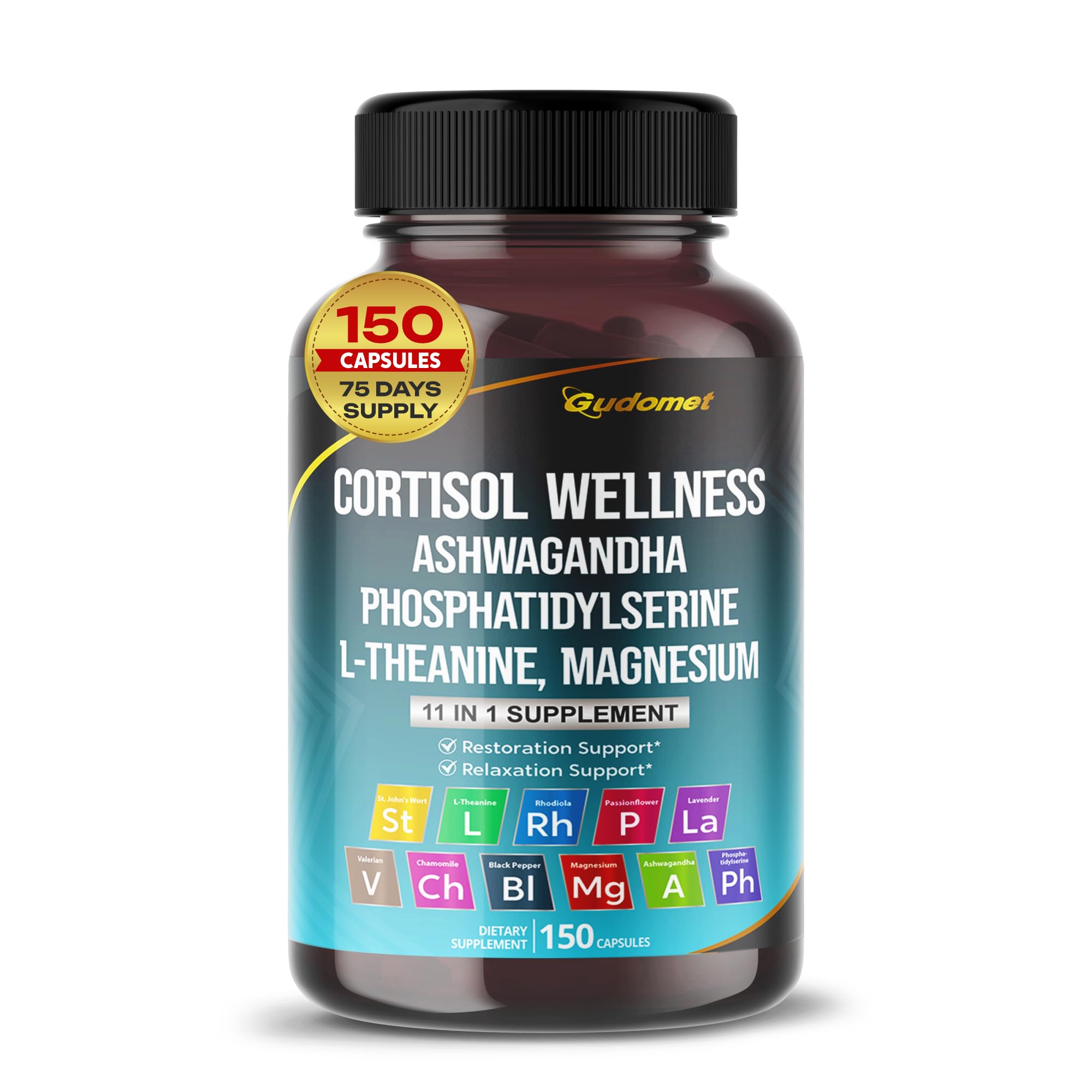 GUDOMET CORTISOL Wellness Magnesium Ashwagandha L-Theanine Phosphatidylserine Rhodiola Rosea Passionflower Lavender Chamomile -150 Capsules
