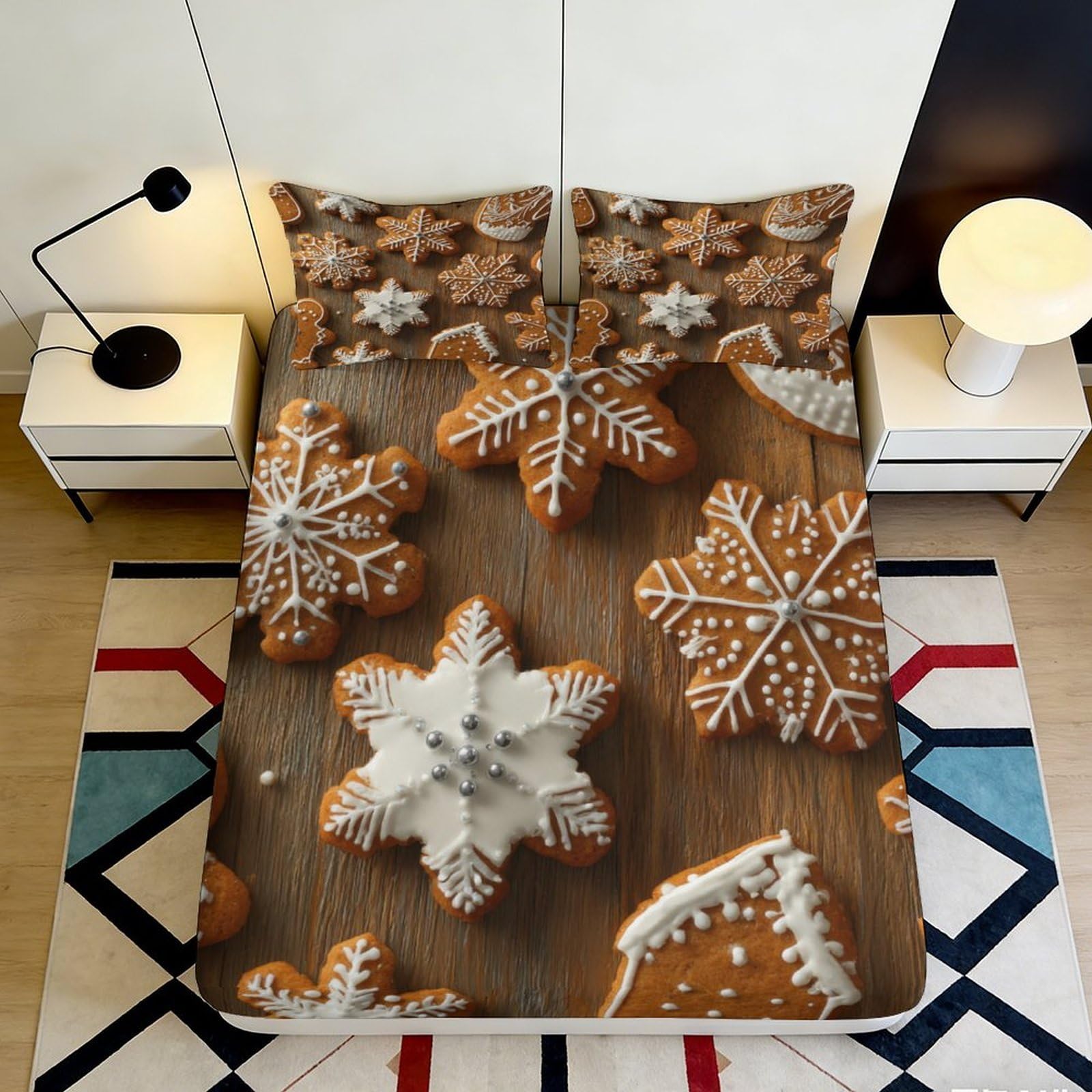 3D Printed Gingerbread Snowflake Fitted Sheet Microfiber Soft Anti-Slip Bed Cover Christmas Cookie Decor for Bedroom 90x200x25cm