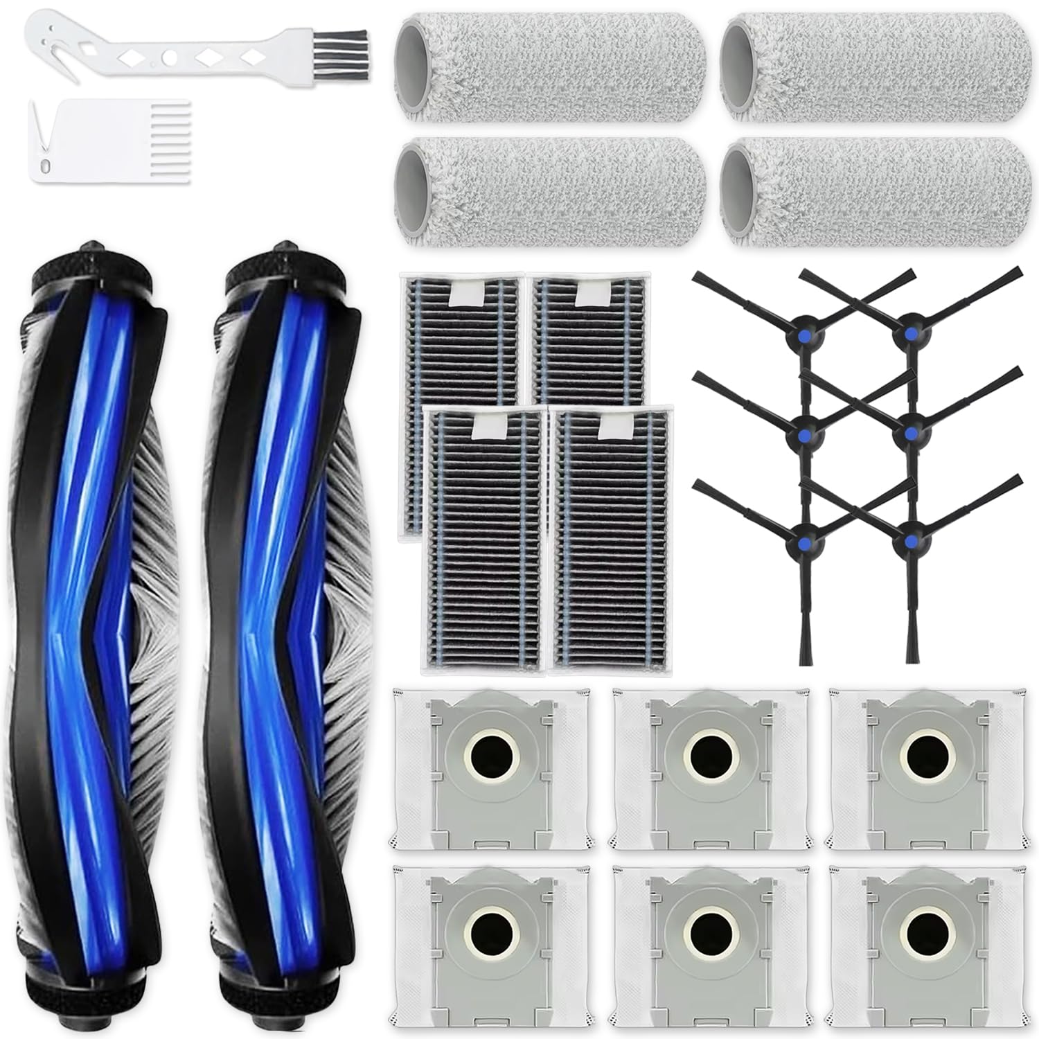 Replacement Accessories kit Compatible with Ecovacs X8 Pro Omni/Yeedi S14 Plus Vacuum Cleaner Robot Parts 2 Main Brush 6 Side Brushes 4 HEPA Filters 4 Roller Mop Cloth 6 Dust Bags