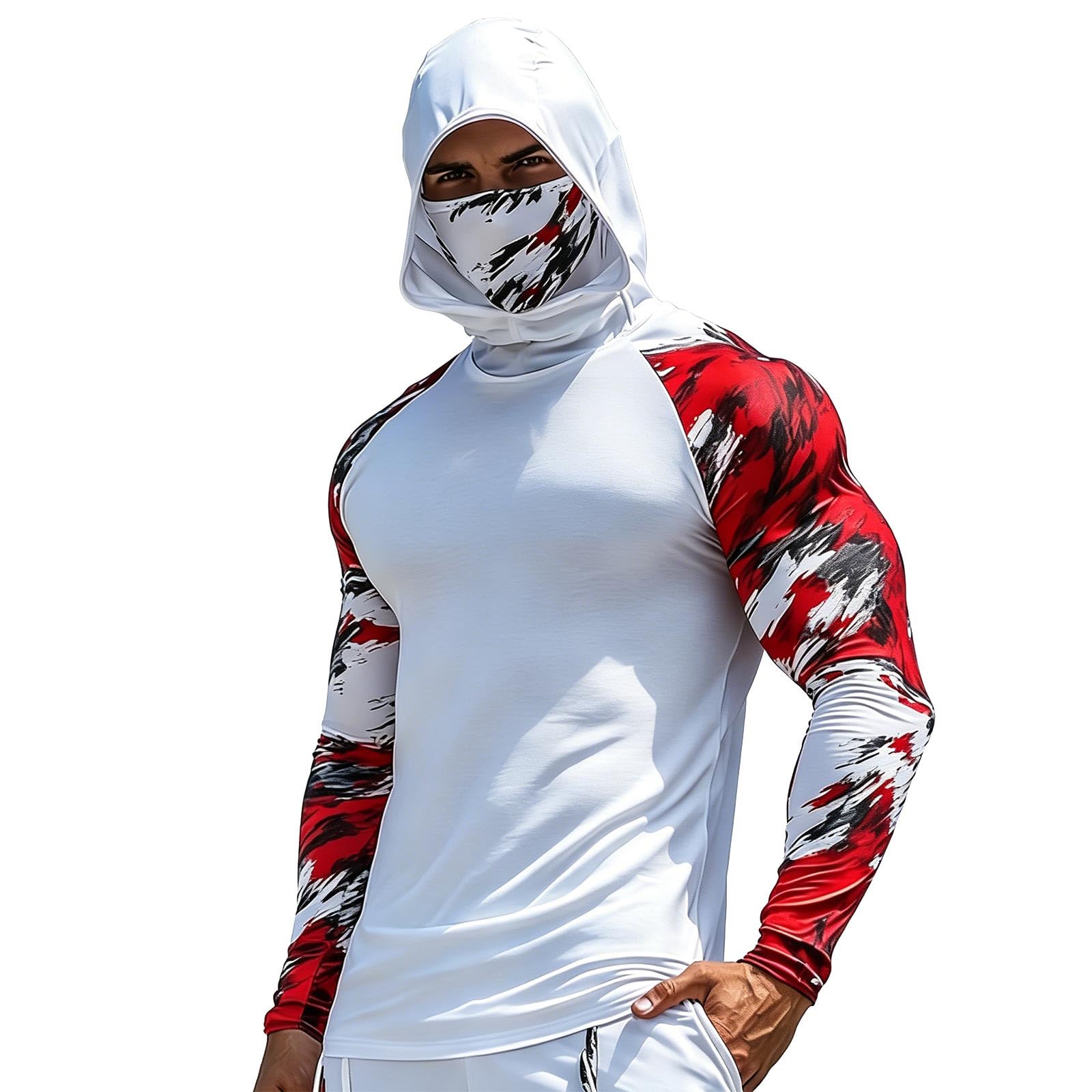 UPF 50+ Hoodie Herren Langarm Rashguard Atmungsaktive UV Shirt mit Kapuze Maske Langarmshirt Sommer Druck Kapuzenshirt Sonnenschutz Schnelltrocknend Funktionsshirt Männer Schutzkleidung S-3XL