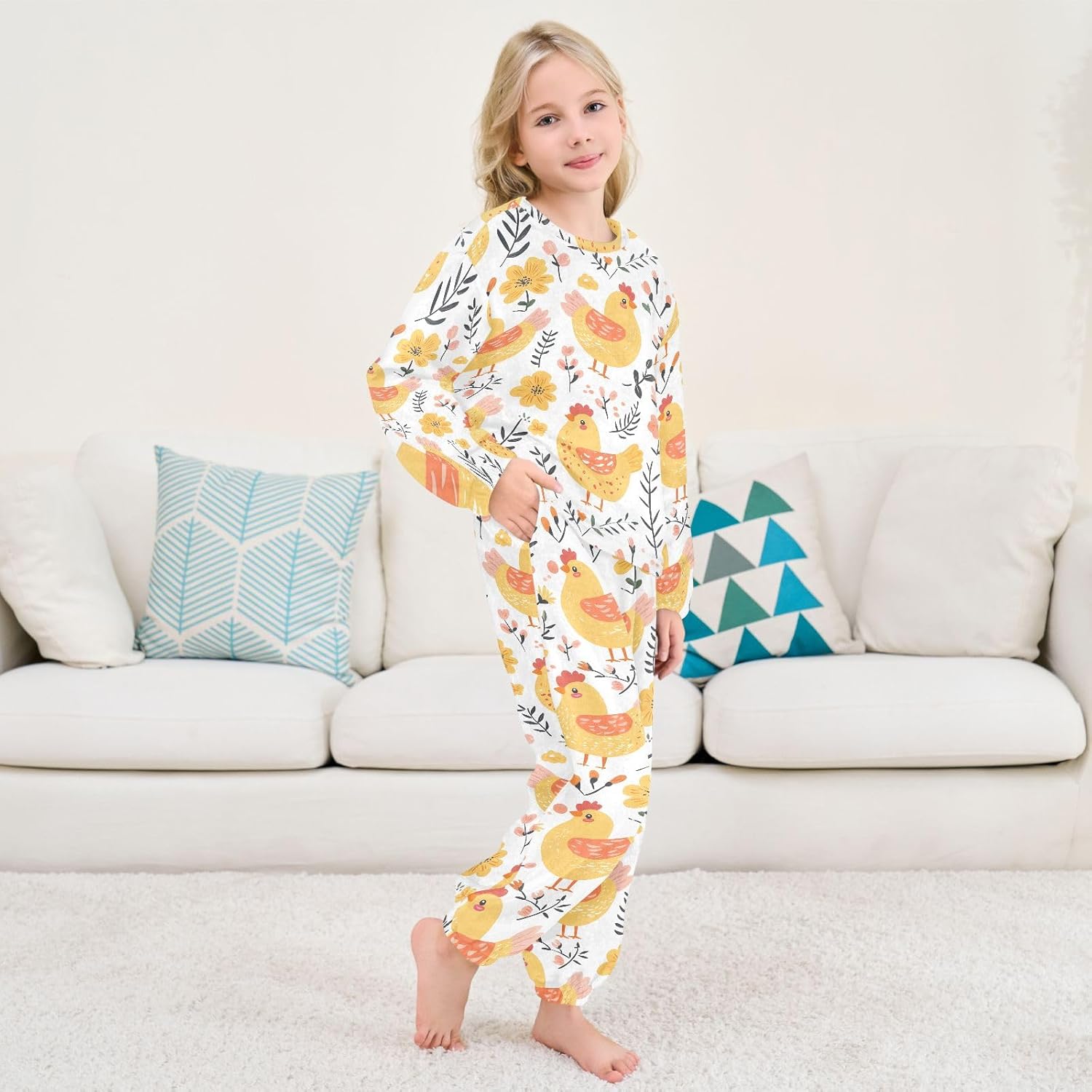Kids Flannel Sets Chick Flowers Warm Plush Relaxed Clothing for Boys and Girls