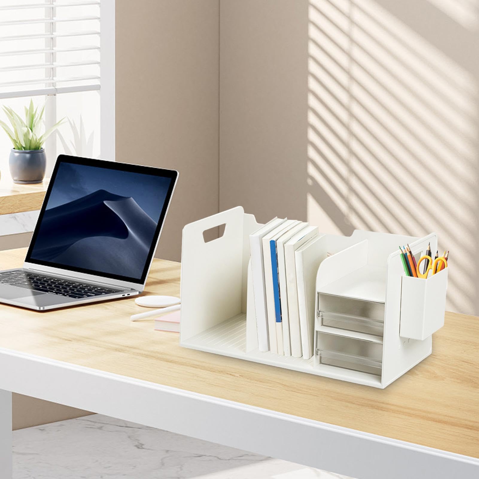 Organizer da scrivania con supporto per libri, libreria da scrivania, organizer multifunzione da scrivania con 2 cassetti, solido supporto per libri di facile accesso, per cancelleria, libri, riviste