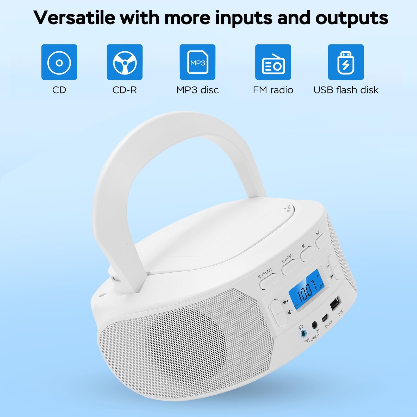 ASHATA Lettore CD portatile, lettori CD desktop Bluetooth portatili con radio FM, lettore MP3 USB AUX con ricarica dall'alto con jack per cuffie per la casa e l'esterno (presa UE)
