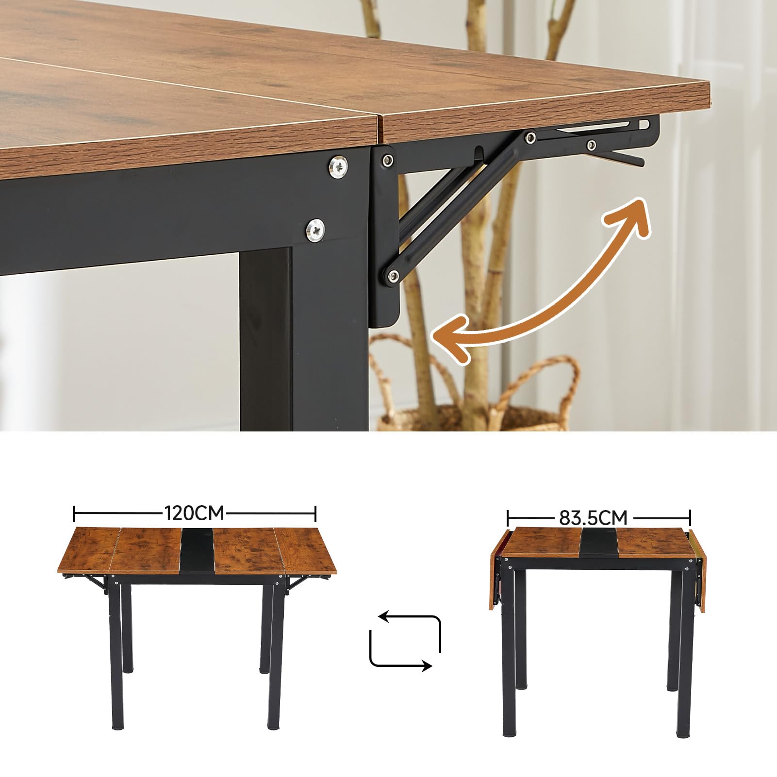 HAUSPROFI Klappbarer Esstisch, Küchentisch, 120 x 78 x75 cm klappbarer Küchentisch für 2-4 Personen, für kleine Räume, Küche, Wohnzimmer, Wohnung, vintagebraun-tintenschwarz