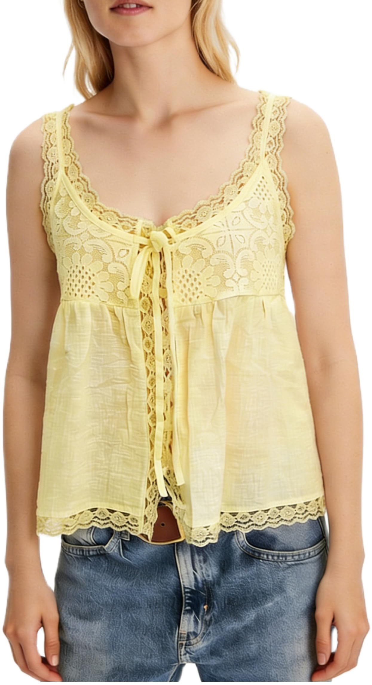 Women Boho Summer Lace Tank Top Tie Front Flowy Blouse Babydoll Y2k Western Button Down Shirt Beach Vacation Tops