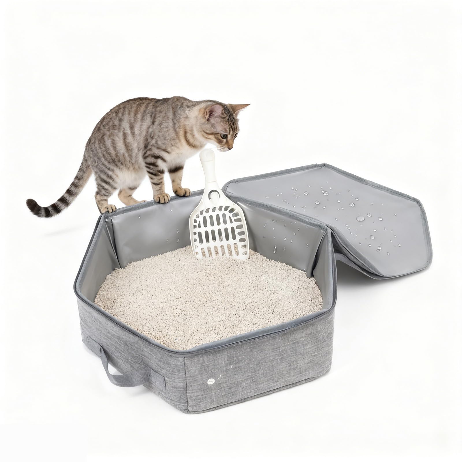 Plegable Arenero Gatos Cubierto, Portátil Caja De Arena para Gatos con Cremallera Y Pala, Impermeable Cat Litter Box, Fácil De Limpiar, Apto para Viajes Y Uso Doméstico, 44 X 34 X 13 cm(Gris)