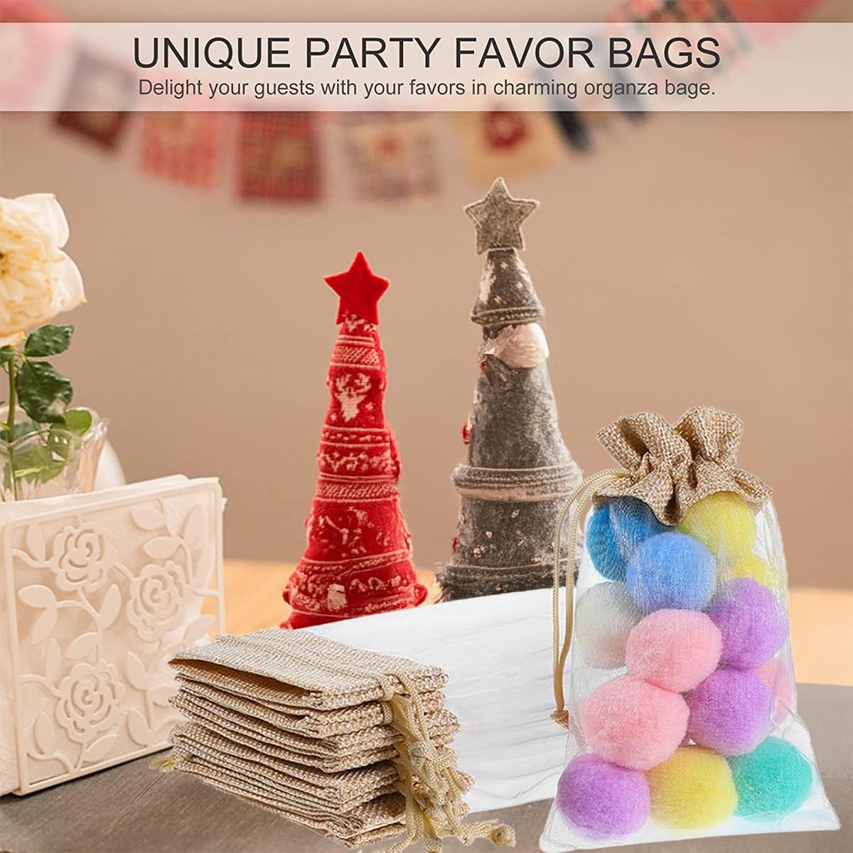 40 Bolsas de Regalo con Cordón, Bolsitas de Yute y Organza 10x15 cm para Dulces, Joyas, Detalles de Boda, Cumpleaños, Navidad, Calendario de Adviento y Fiestas
