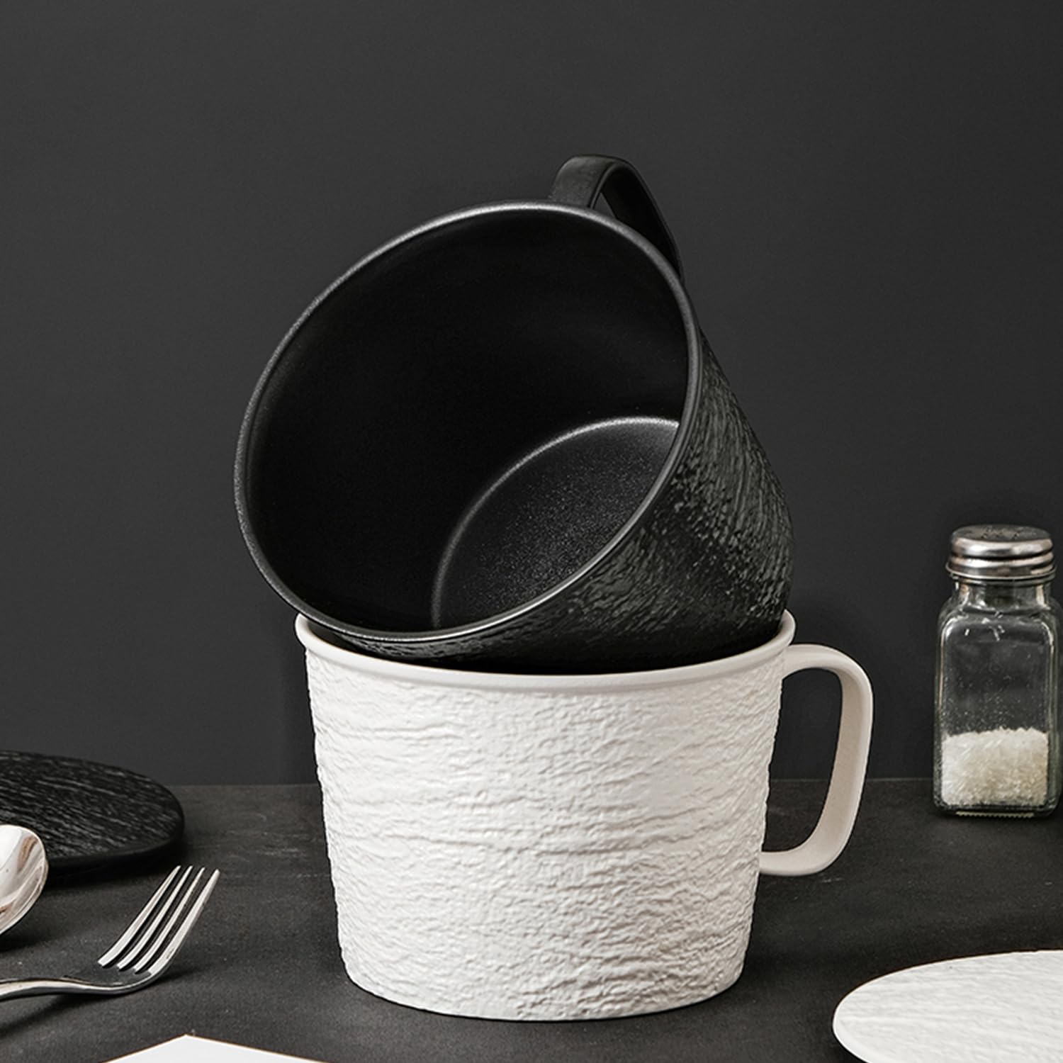Bol à soupe avec couvercle, 1200 ml, bol à ramen en porcelaine, passe au micro-ondes, pour nouilles instantanées, grande tasse à soupe (noir)