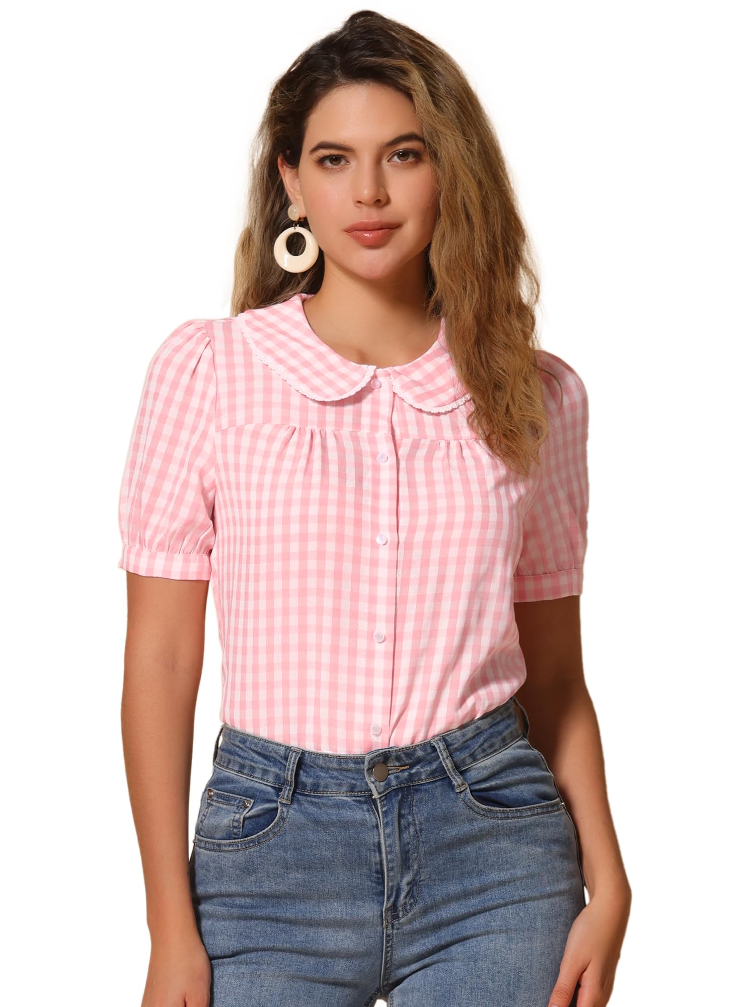 Allegra K Chemise d'été à carreaux à manches courtes et col claudine boutonné pour femme