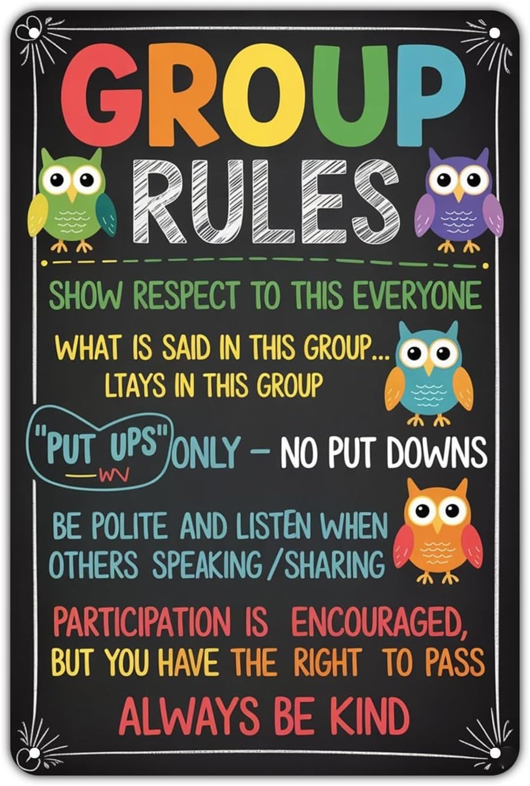 MQXFCZUX Owl Group Rules Classic Vintage Metal Print For Porch Entryway Hallway Mudroom Wall Decor 8 X 12 in